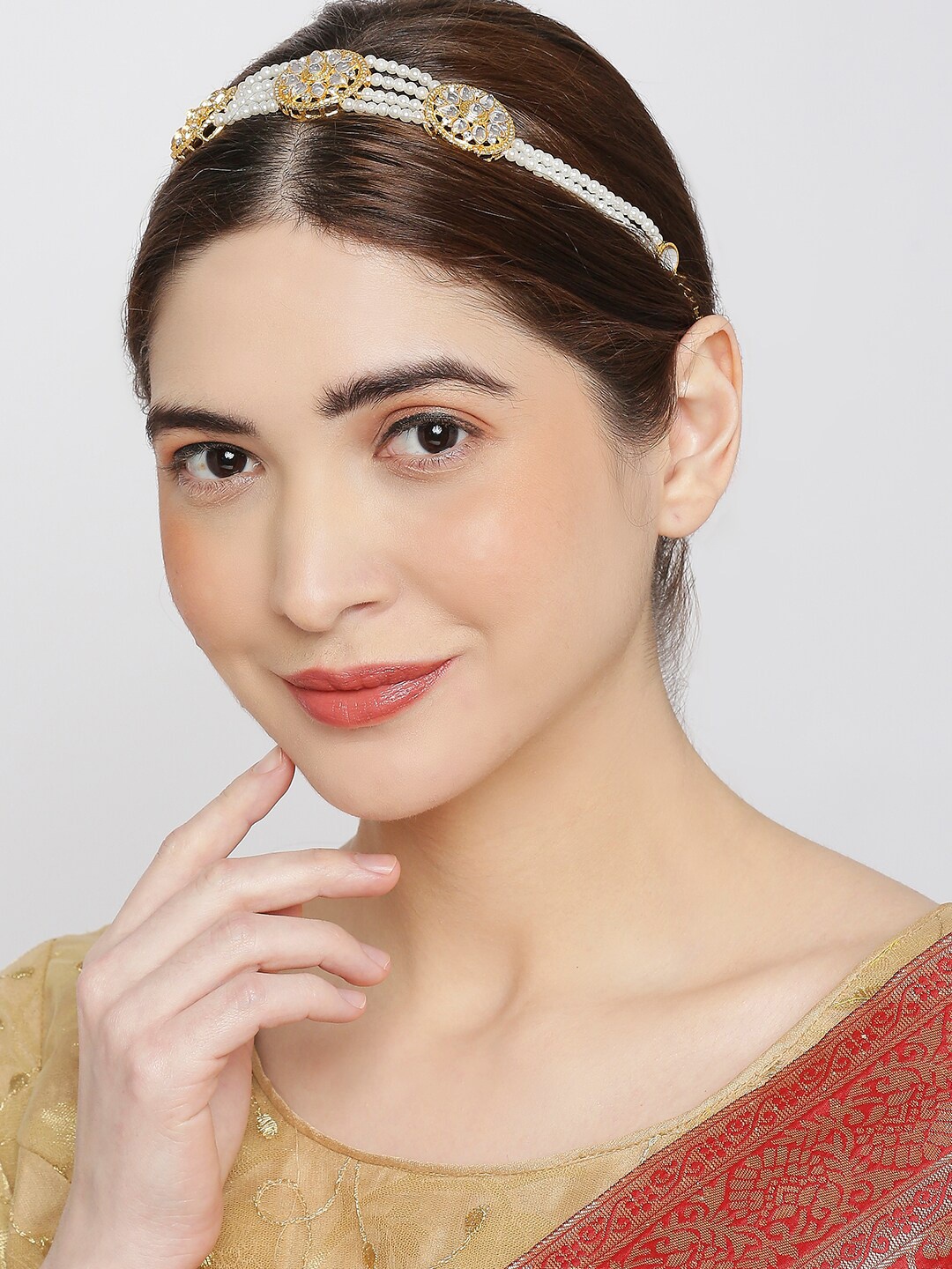 

OOMPH Kundan Studded & Beaded Hair Chain, Gold
