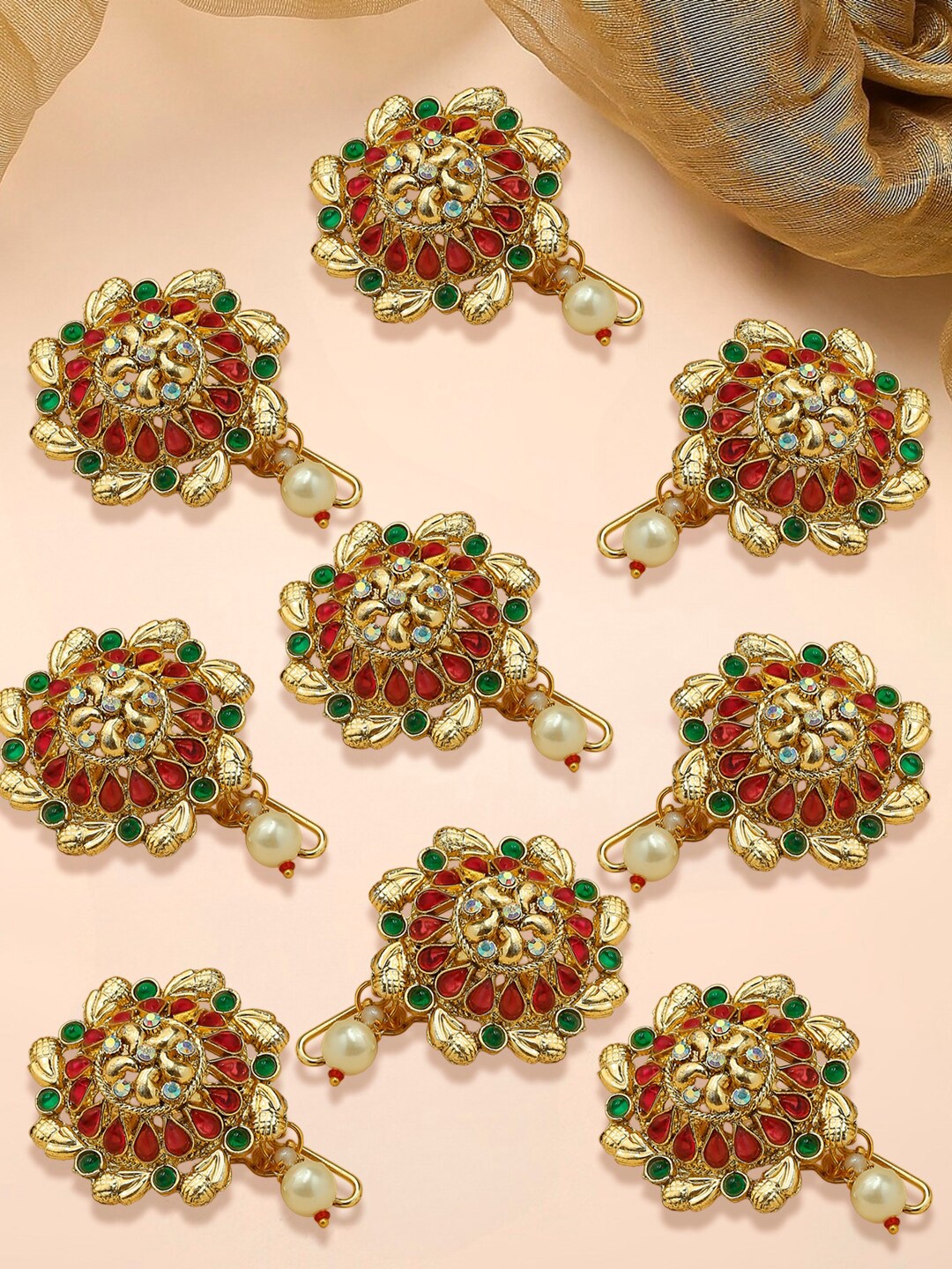 

OOMPH Set Of 9 Stone-Studded & Beaded Jadai Billai Hair Pin, Gold