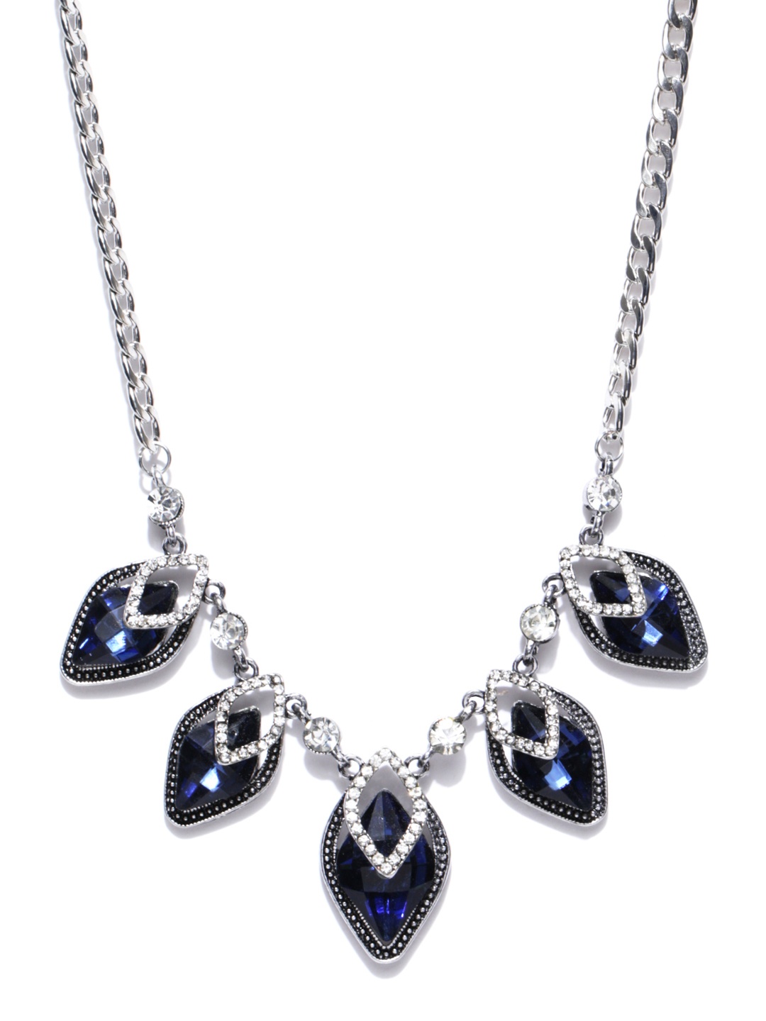 

Crunchy Fashion Oxidised Silver-Toned & Navy Blue Stone-Studded Necklace