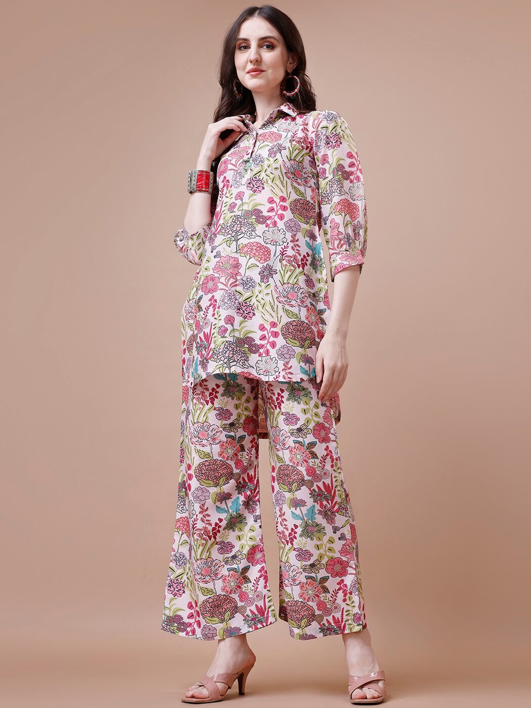 

KALINI Floral Printed Shirt Collar Tunic With Printed Trouser, Pink