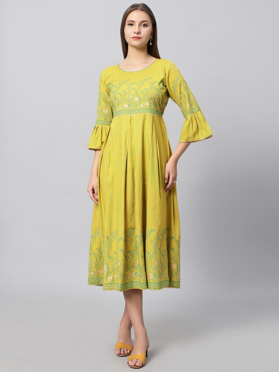 

DUMMY SHAPE Ethnic Motifs Printed Bell Sleeves Fit & Flare Ethnic Dress, Lime green