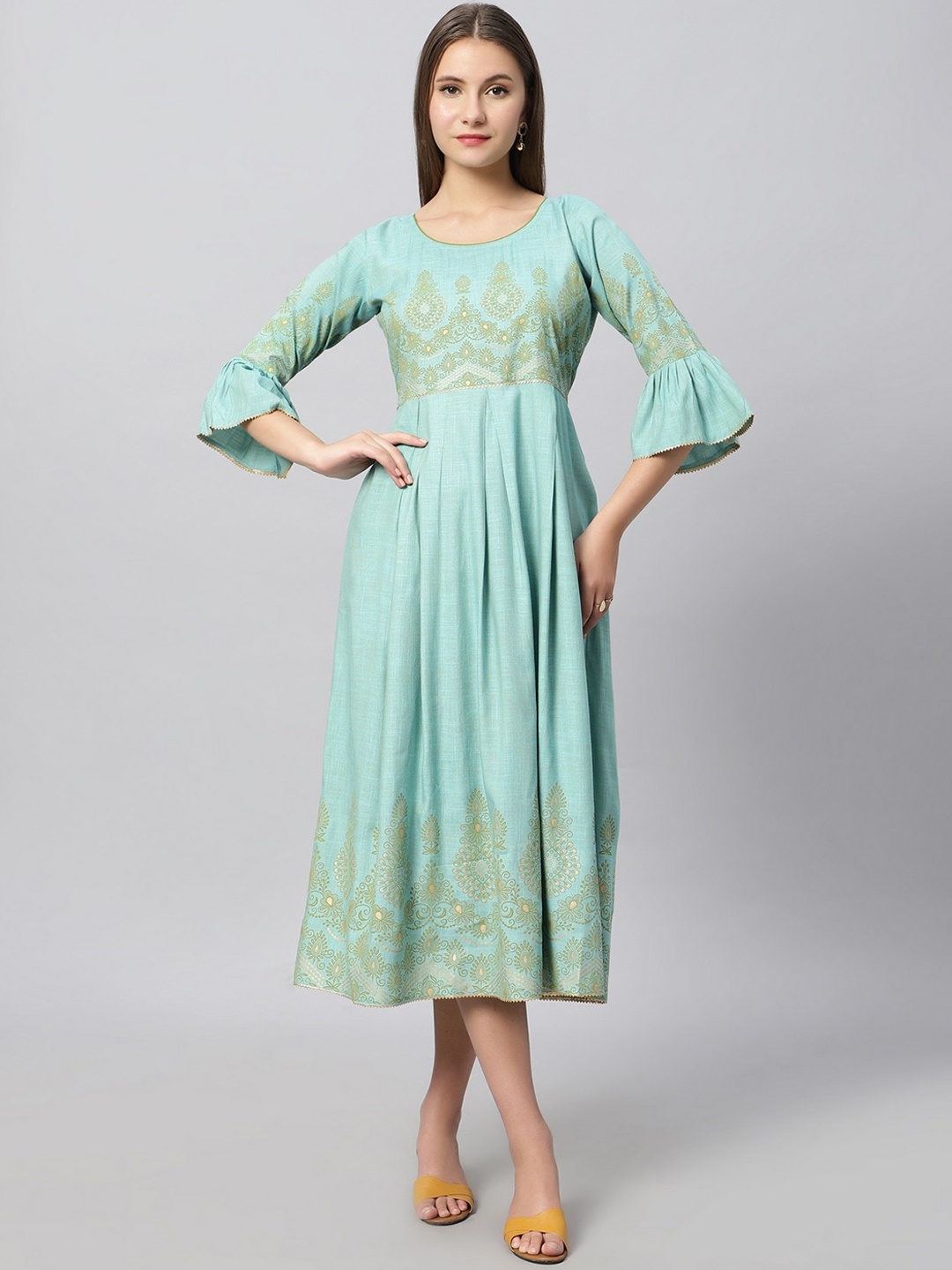 

DUMMY SHAPE Ethnic Motifs Printed Bell Sleeves Fit & Flare Ethnic Dress, Turquoise blue