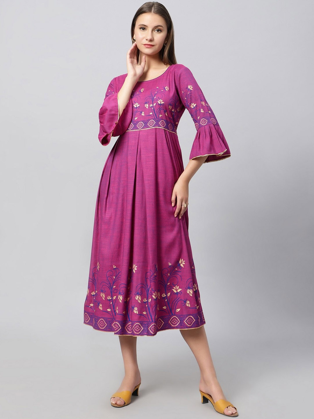 

DUMMY SHAPE Floral Printed Bell Sleeves Ethnic Motifs Fit & Flare Ethnic Dress, Purple