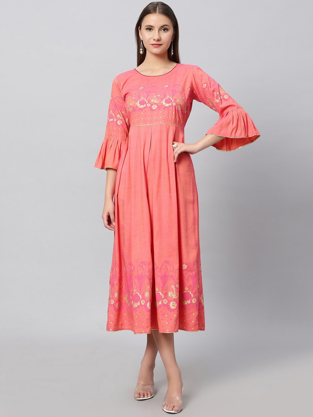 

DUMMY SHAPE Floral Printed Bell Sleeves Ethnic Motifs Fit & Flare Ethnic Dress, Peach