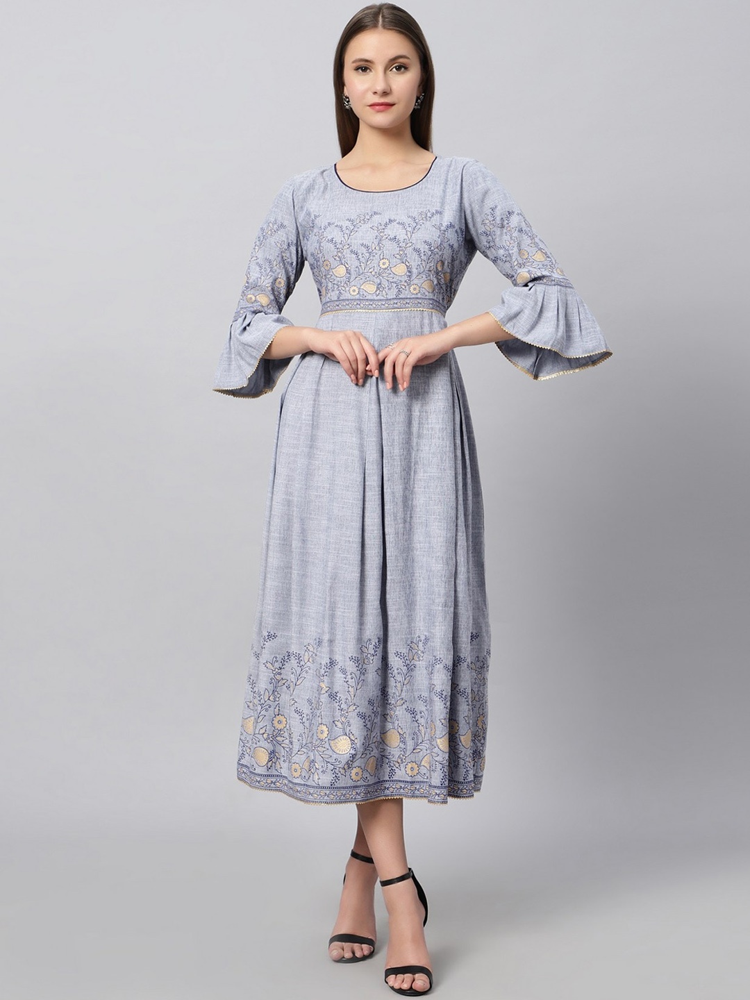 

DUMMY SHAPE Ethnic Motifs Printed Bell Sleeves Fit & Flare Ethnic Dress, Grey