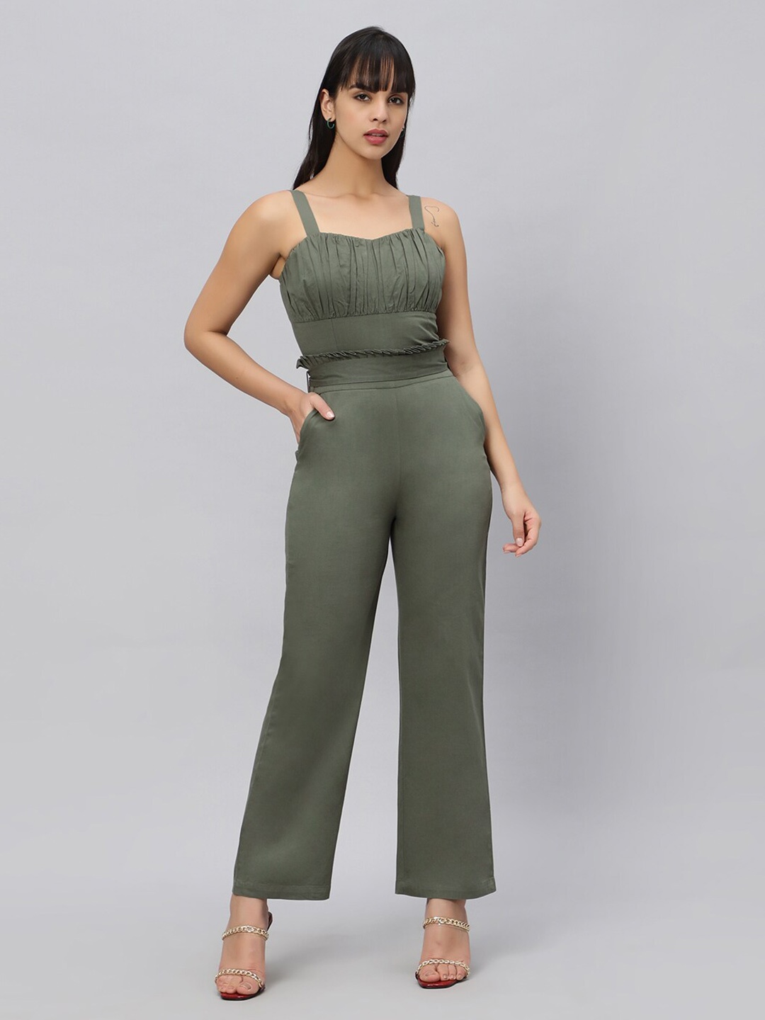 

OUI Shoulder Straps Gathers Pure Cotton Basic Jumpsuit, Green