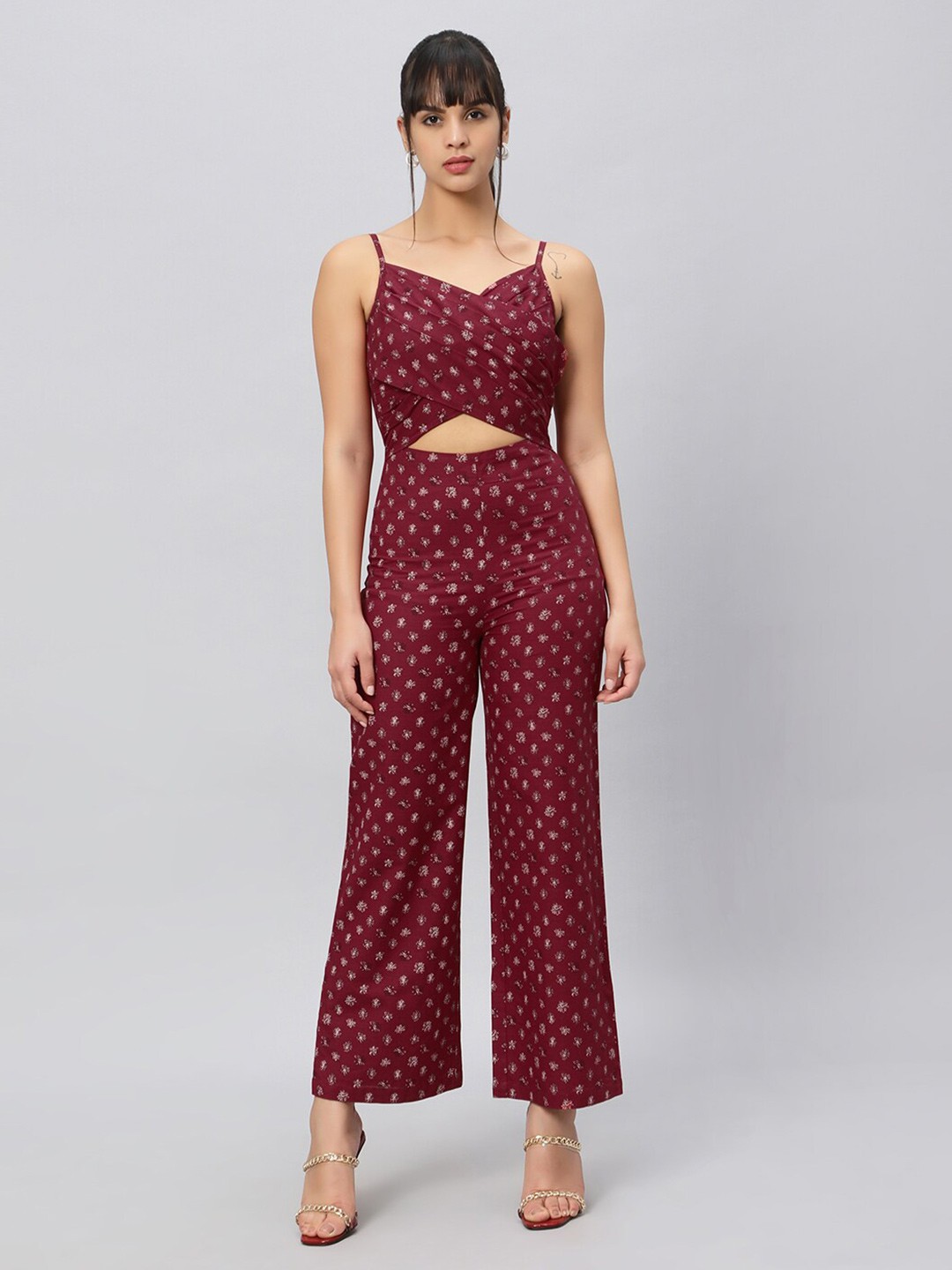 

OUI Floral Printed Front Criss Cross Pure Cotton Basic Jumpsuit, Maroon