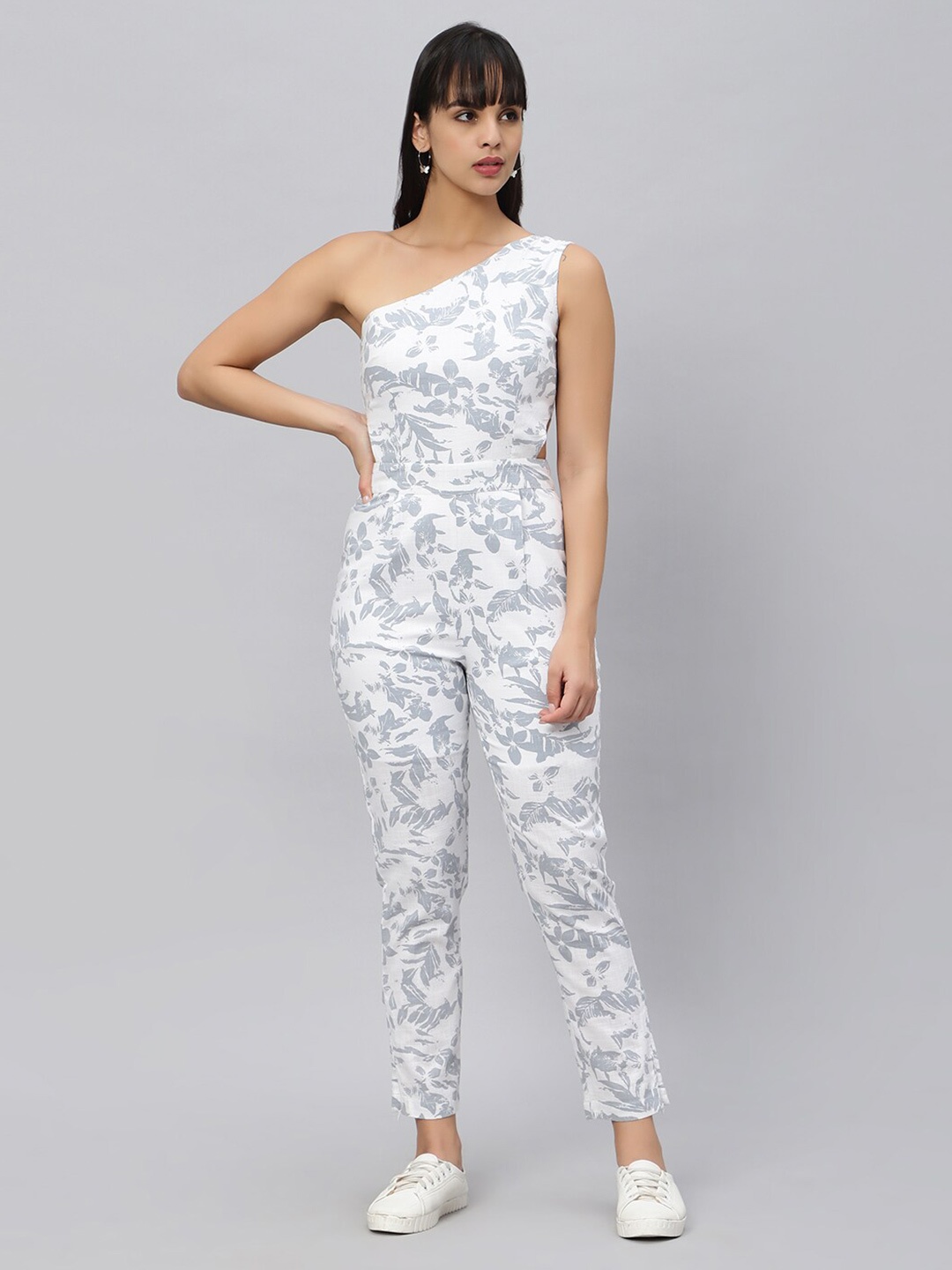 

OUI Floral Printed One Shoulder Pure Cotton Basic Jumpsuit, White