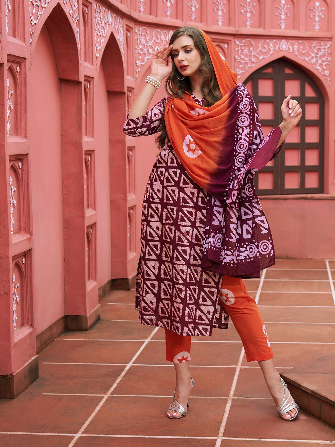 

KALINI Geometric Printed Regular Kurta with Trousers & With Dupatta, Orange