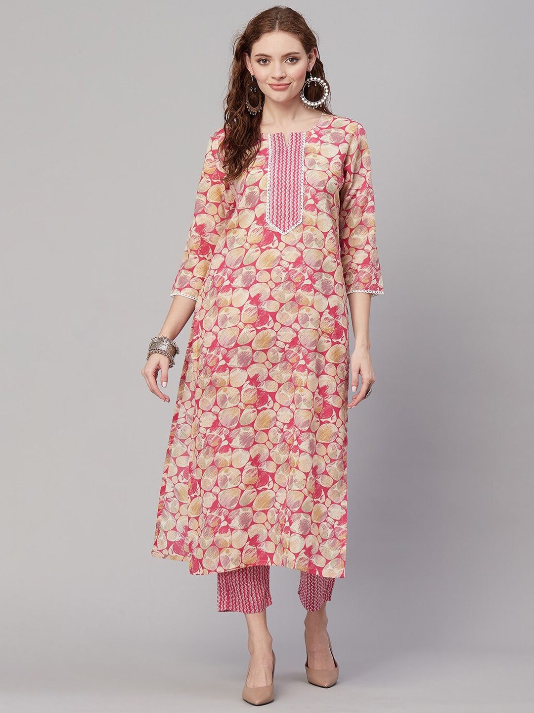 

KALINI Round Neck Abstract Printed Regular Kurta with Trousers, Pink
