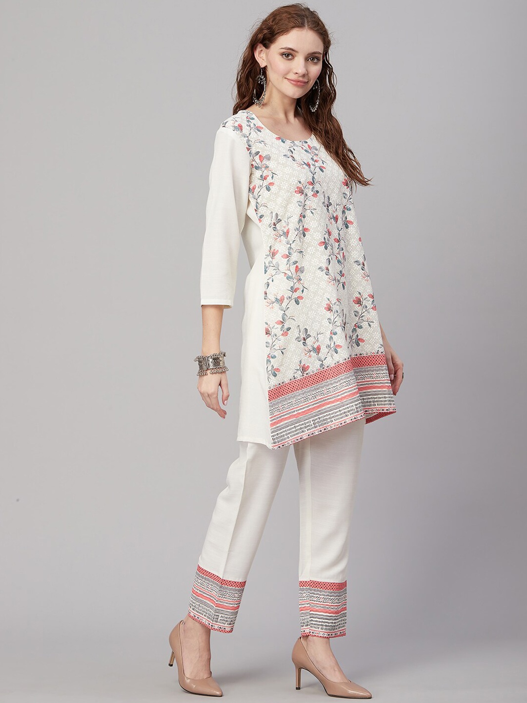 

KALINI Floral Printed Thread Work Regular Kurta with Trousers, White