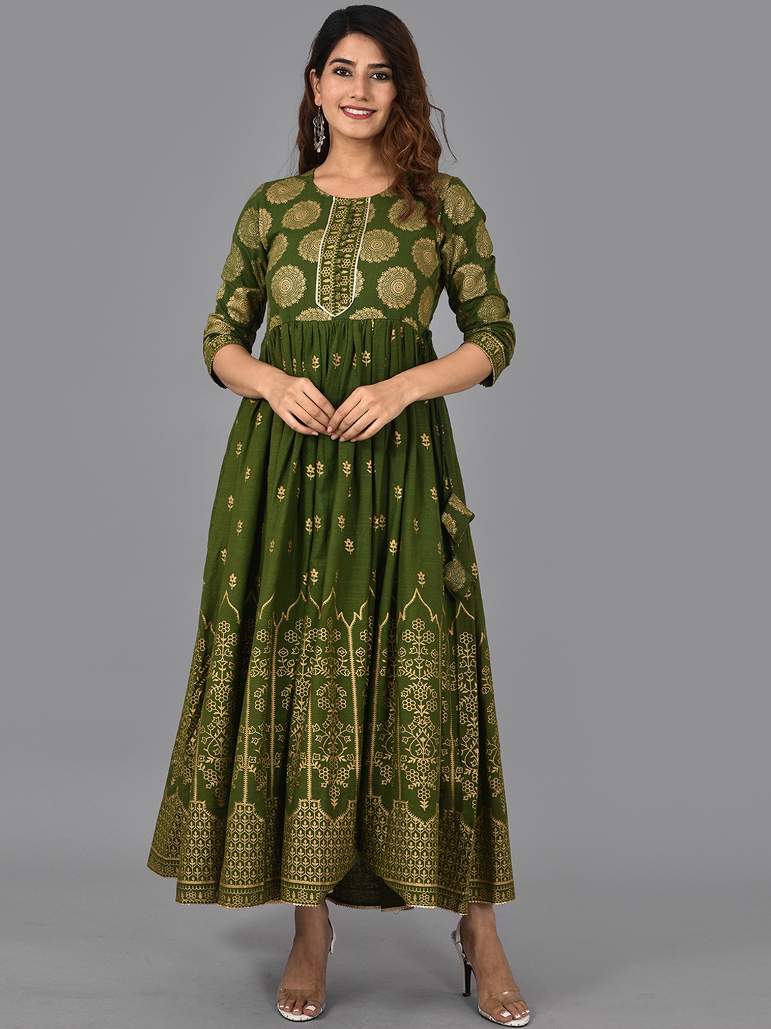 AAYUMI Ethnic Motifs Printed Gotta Patti Detail Pleated Anarkali Kurta, Green