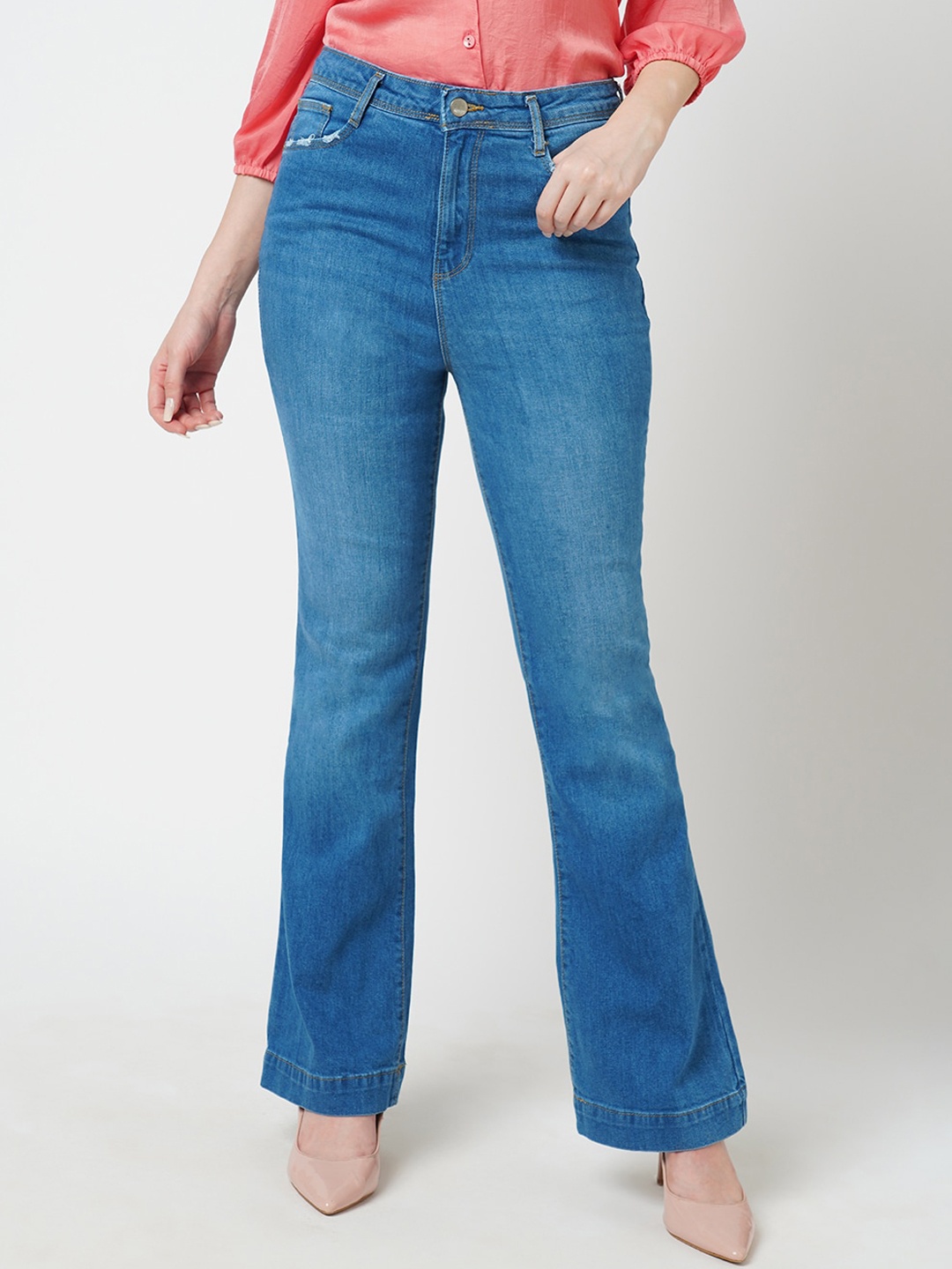 

Kraus Jeans Women Flared High-Rise Clean Look Light Fade Whiskers Stretchable Jeans, Blue