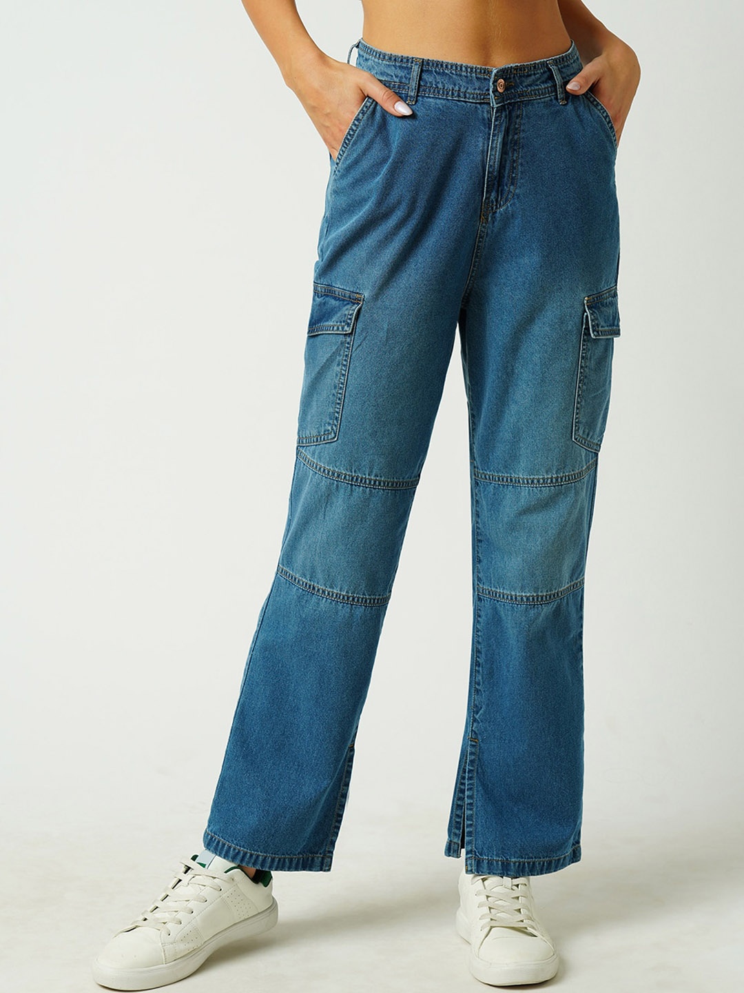 

Kraus Jeans Women Light Fade Straight Fit Comfort Mid-Rise Cargos Jeans, Blue