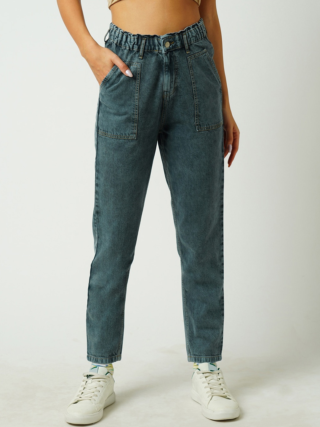 

Kraus Jeans Women Straight Fit High-Rise Heavy Fade Stretchable Jeans, Grey
