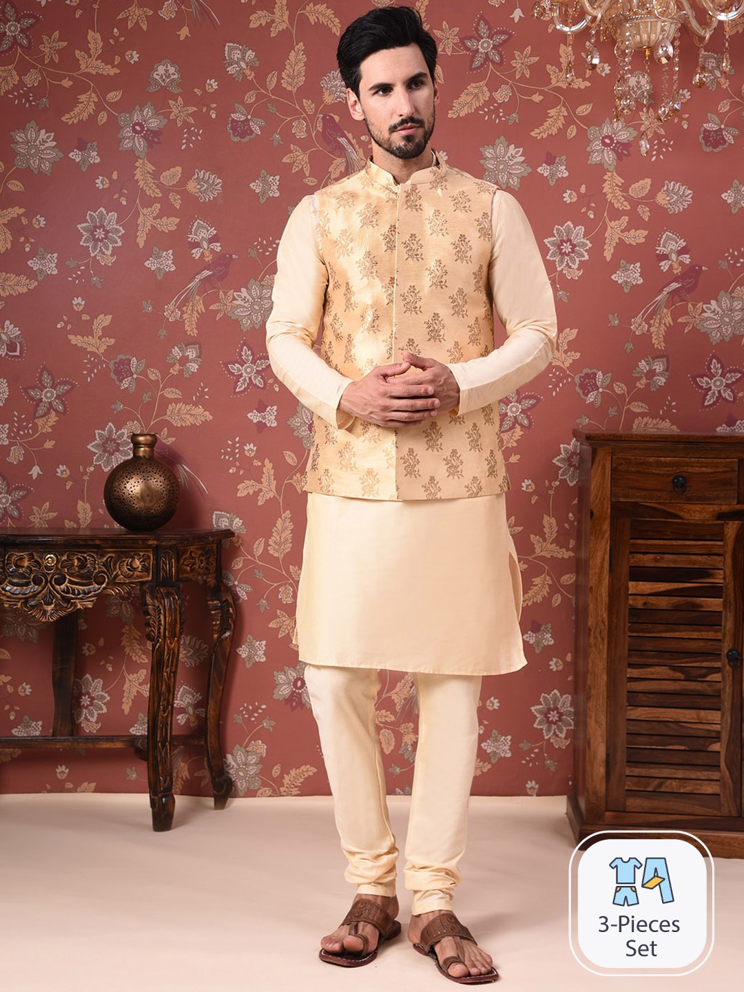 

House of Pataudi Straight Kurta With Churidar & Nehru Jacket, Cream