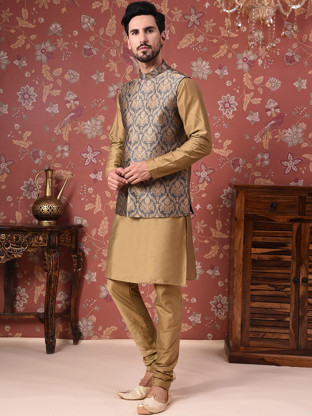 

House of Pataudi Straight Kurta With Churidar & Nehru Jacket, Brown
