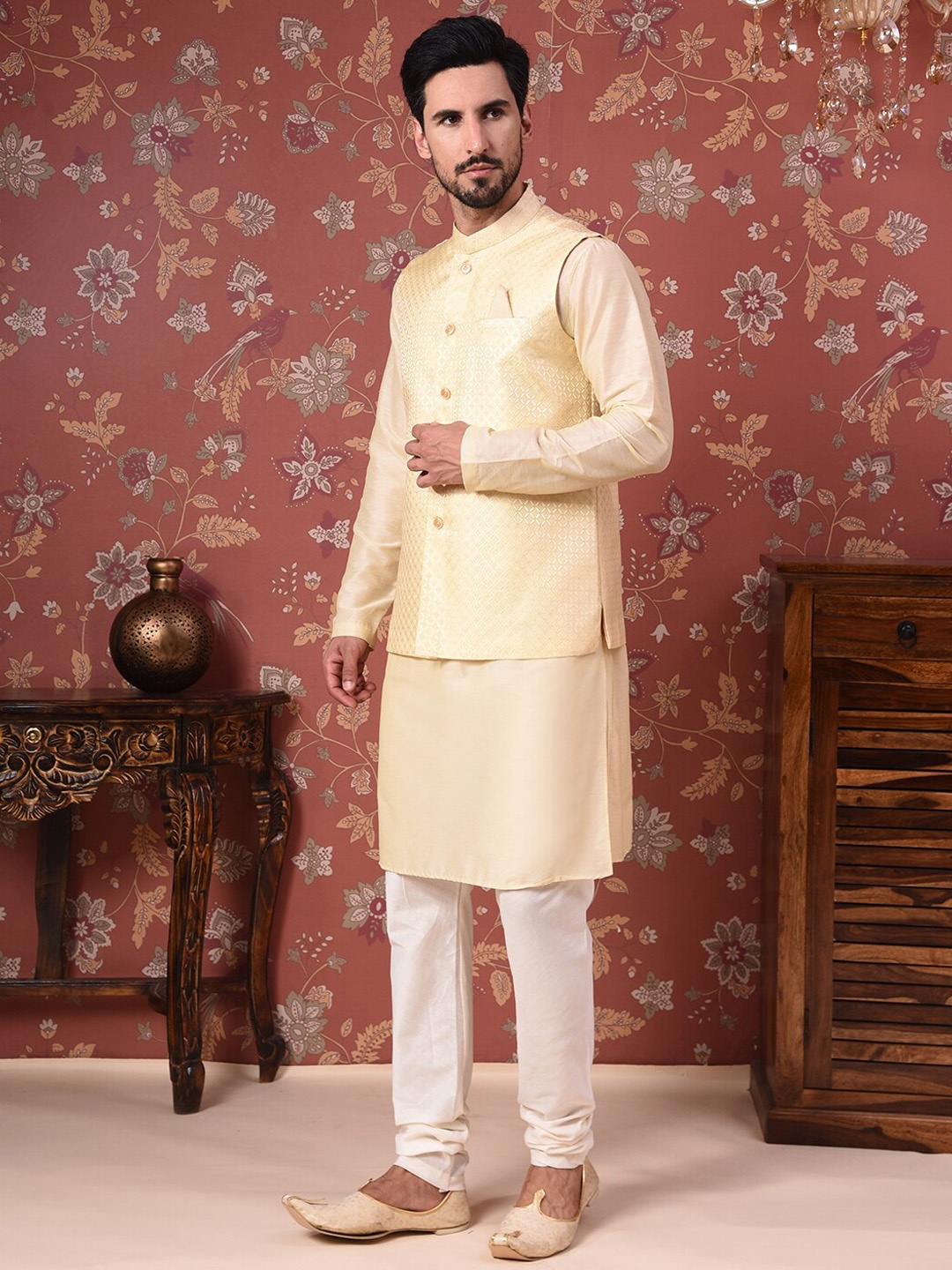 

House of Pataudi Straight Kurta With Churidar & Woven Design Nehru Jacket, Cream