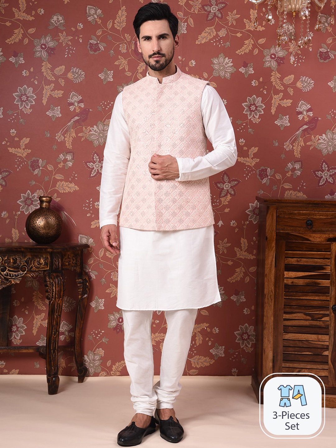 

House of Pataudi Straight Kurta With Churidar & Embroidered Nehru Jacket, Peach