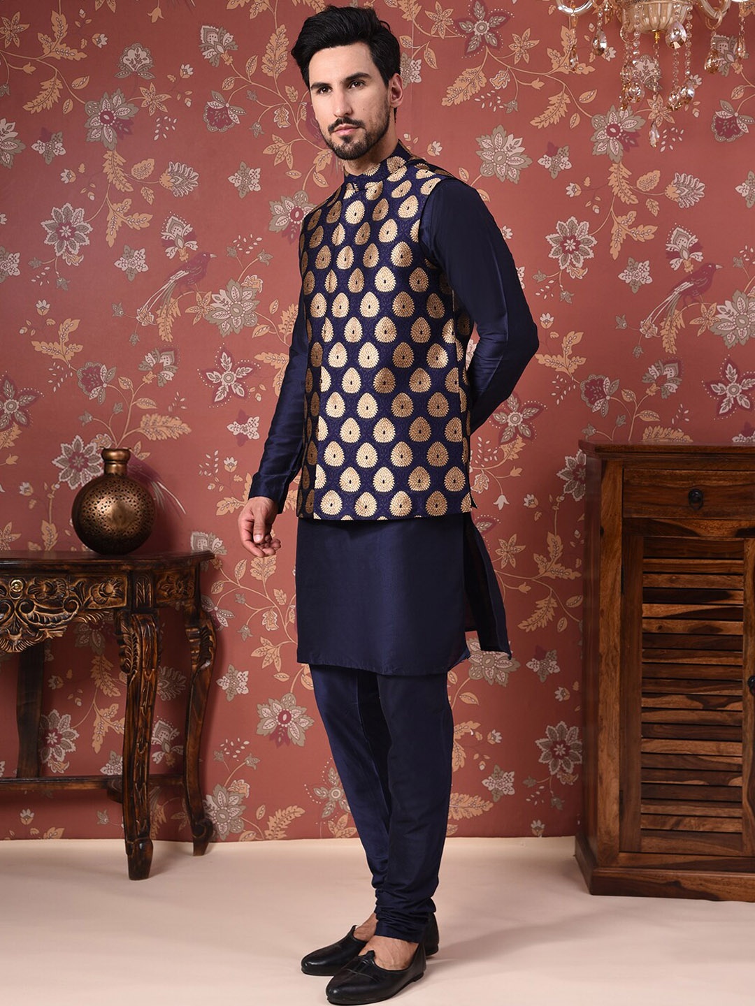 

House of Pataudi Straight Kurta With Churidar & Nehru Jacket, Navy blue