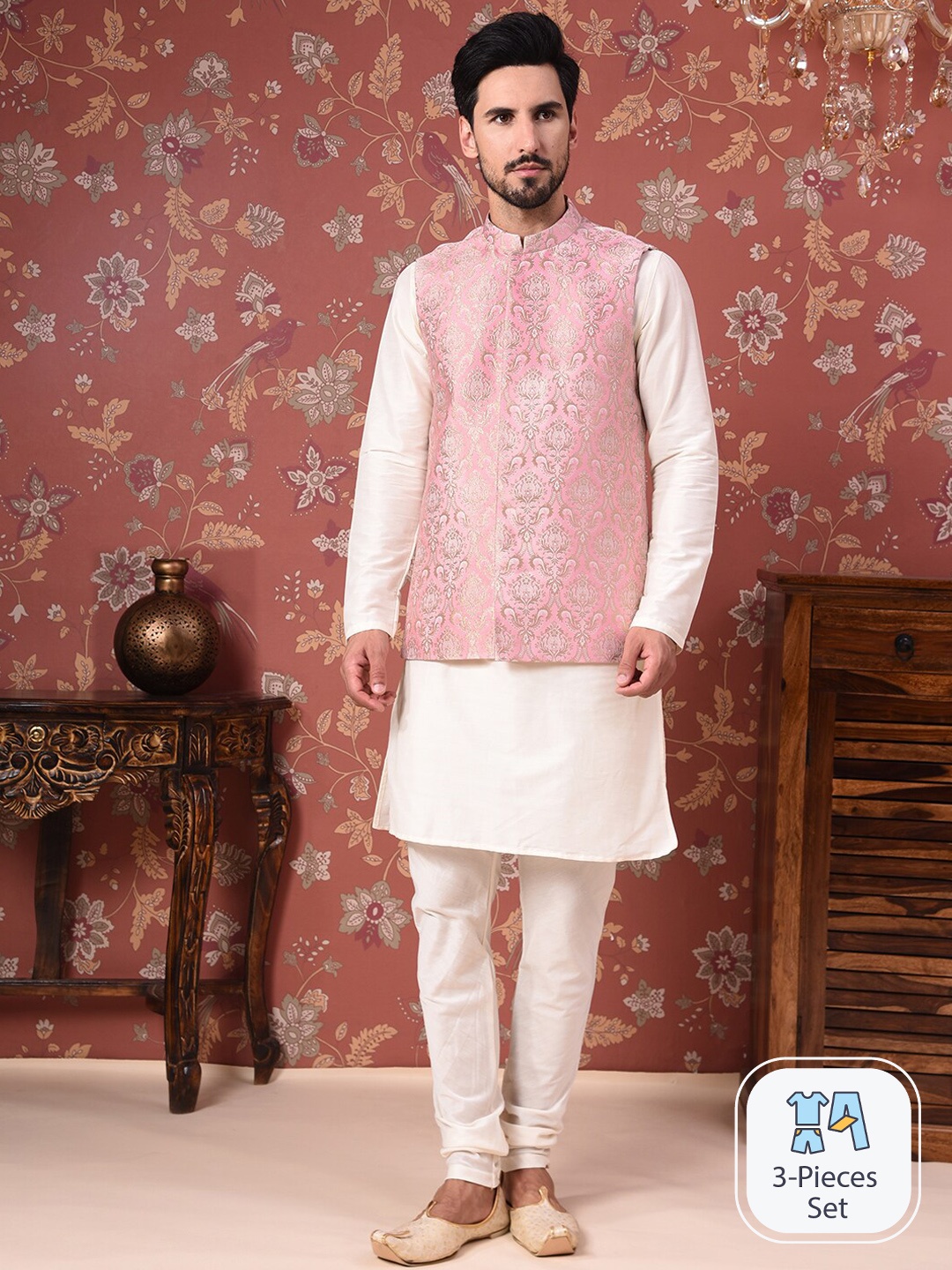 

House of Pataudi Straight Kurta With Churidar & Nehru Jacket, Cream