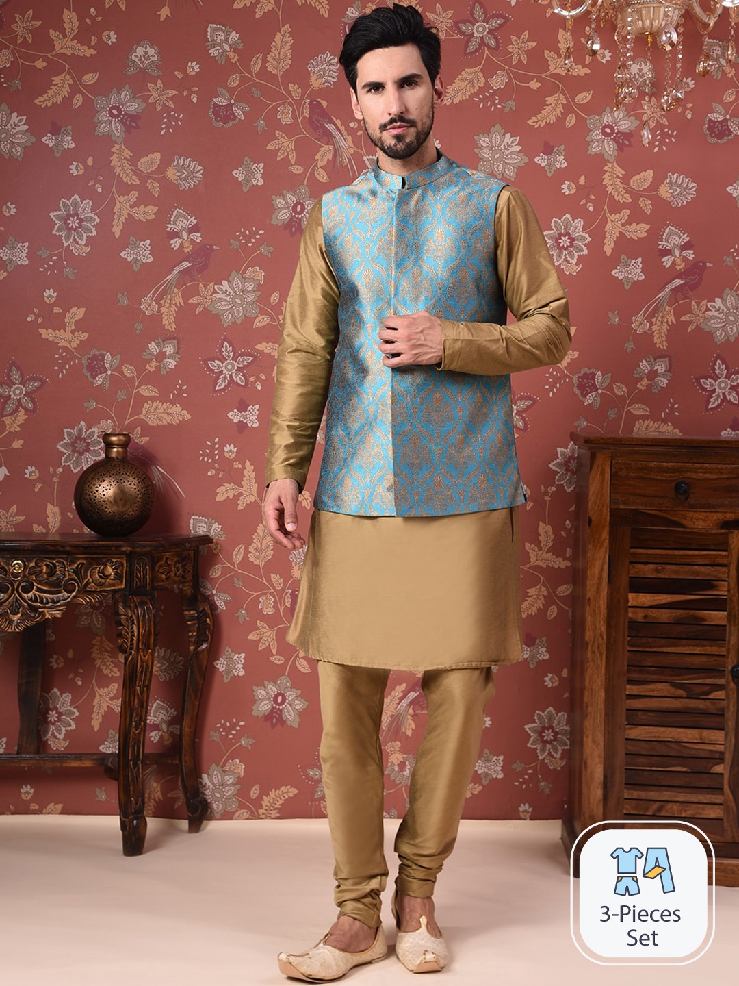 

House of Pataudi Straight Kurta With Churidar & Woven Design Nehru Jacket, Blue