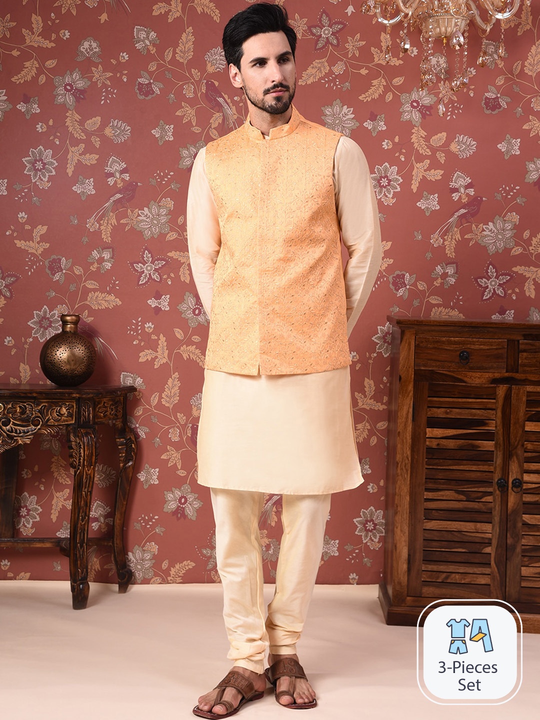 

House of Pataudi Straight Kurta With Churidar & Woven Design Nehru Jacket, Orange