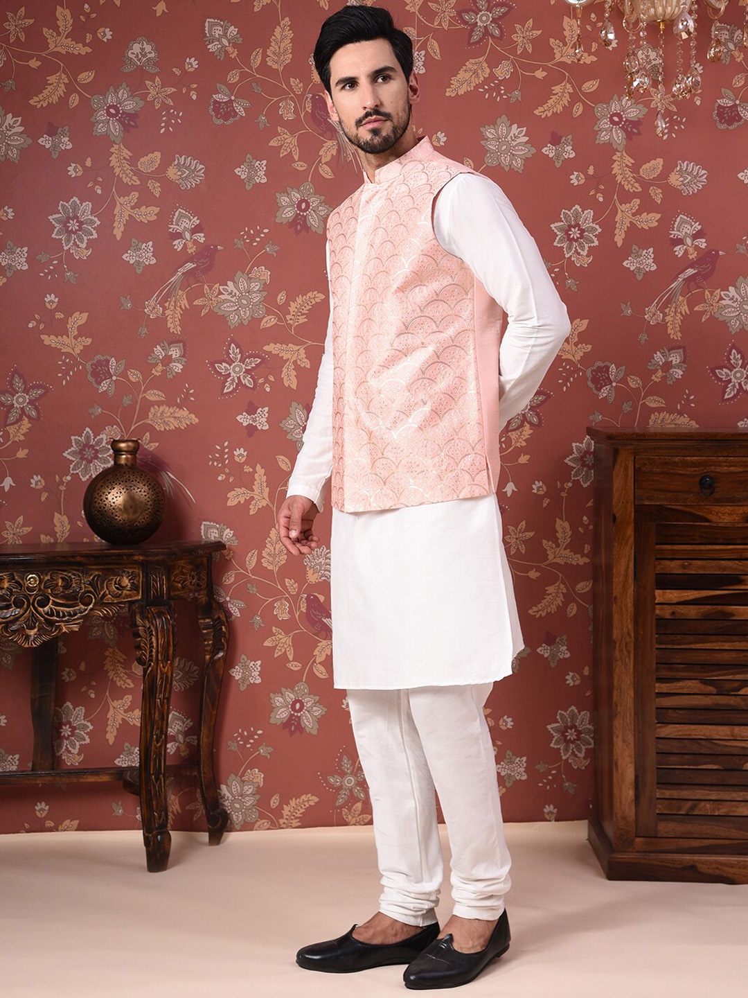 

House of Pataudi Straight Kurta With Churidar & Nehru Jacket, White