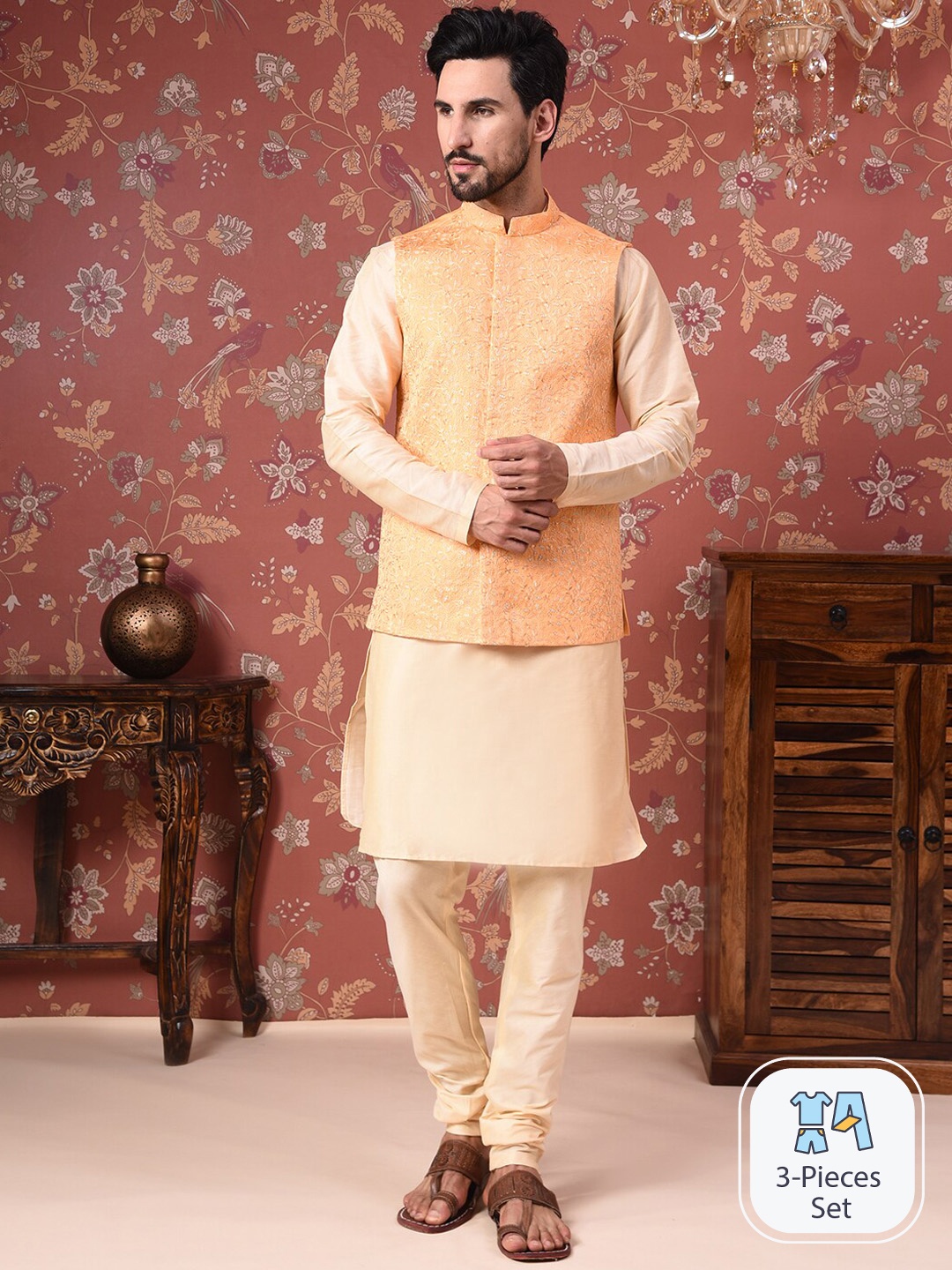 

House of Pataudi Straight Kurta With Churidar & Nehru Jacket, Orange