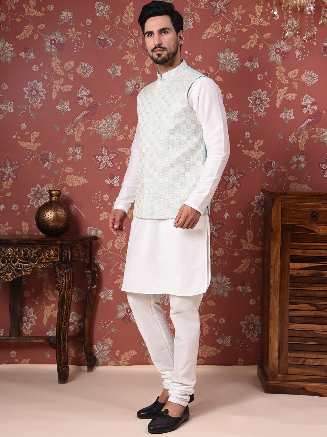 

House of Pataudi Straight Kurta With Churidar & Embroidered Nehru Jacket, Blue