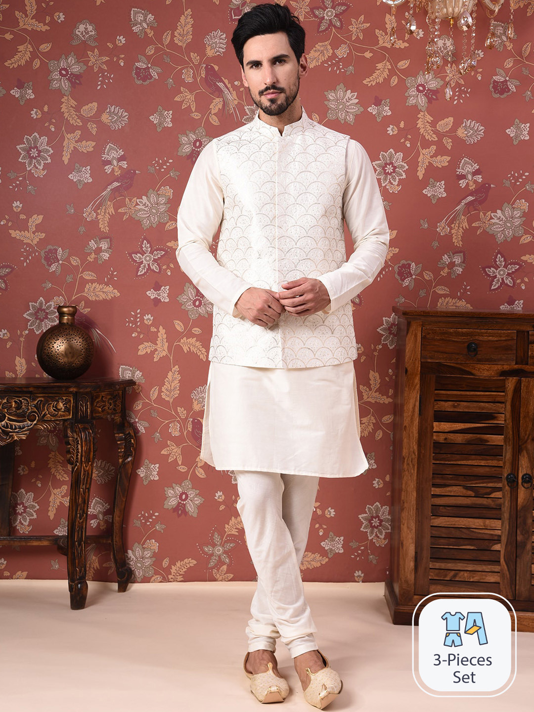 

House of Pataudi Straight Kurta With Churidar & Nehru Jacket, Off white