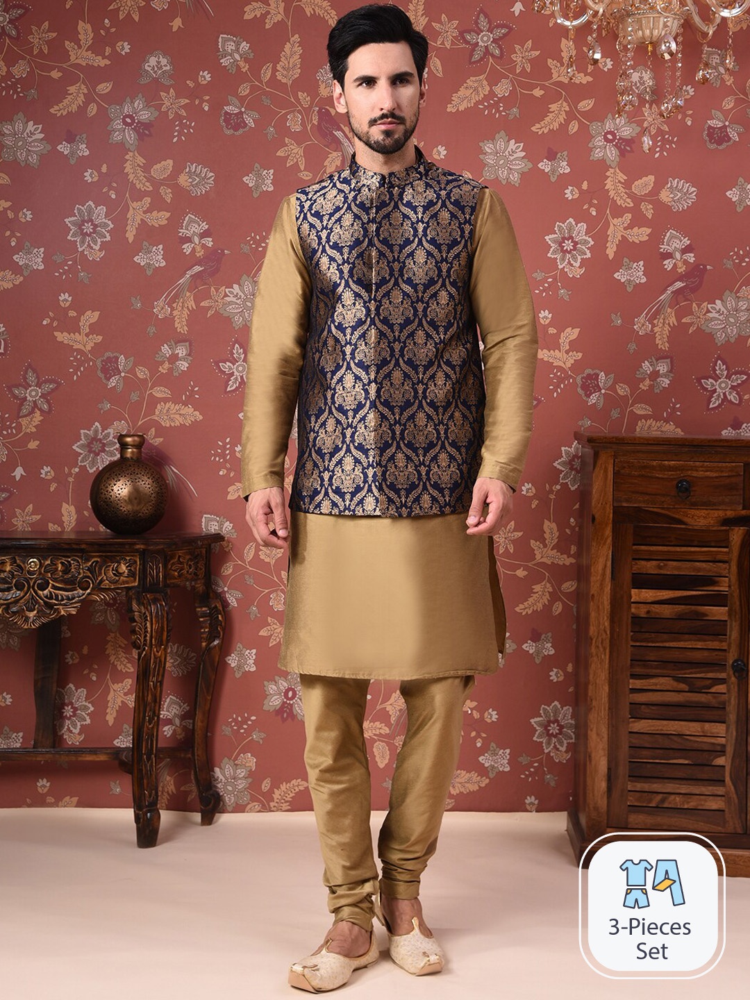 

House of Pataudi Straight Kurta With Churidar & Woven Design Nehru Jacket, Brown