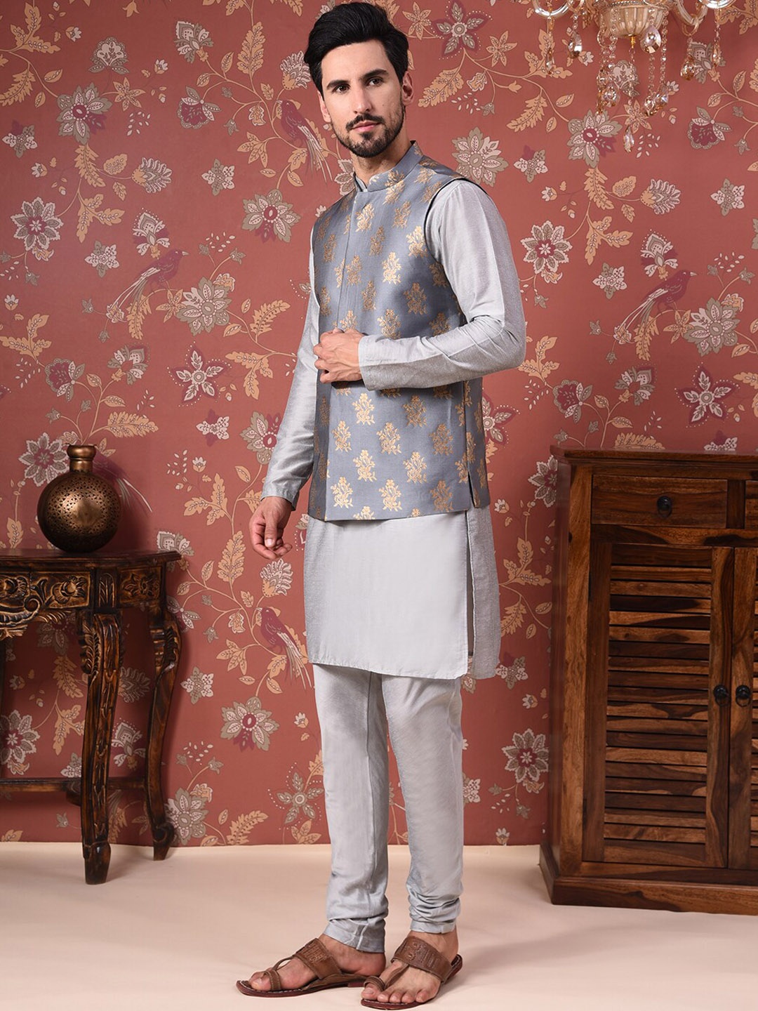 

House of Pataudi Straight Kurta With Churidar & Nehru Jacket, Grey