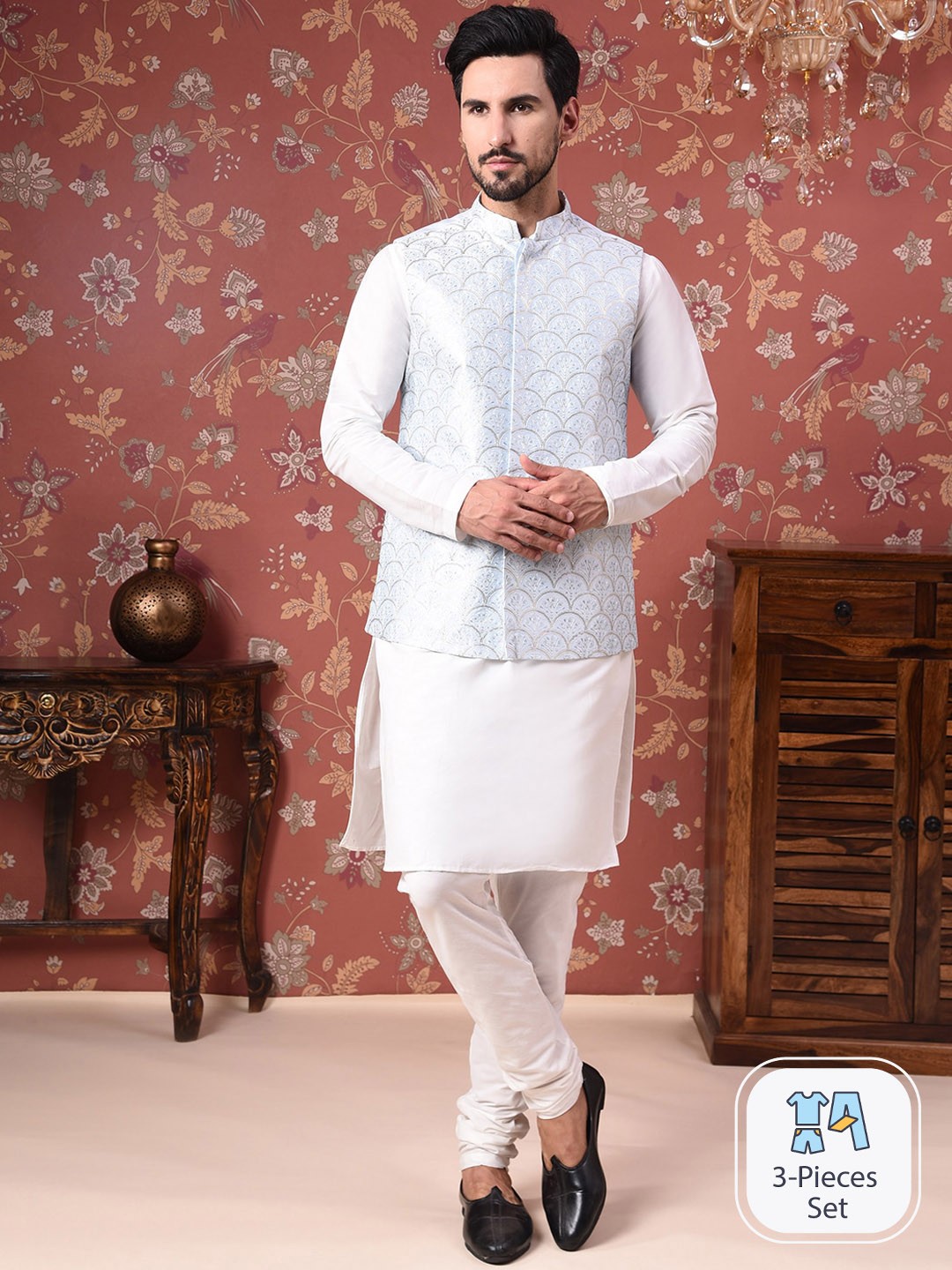 

House of Pataudi Straight Kurta With Churidar & Embroidered Nehru Jacket, White