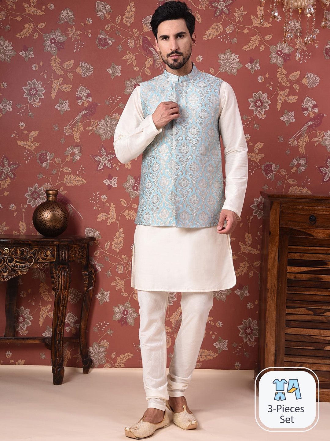 

House of Pataudi Straight Kurta With Churidar & Nehru Jacket, White