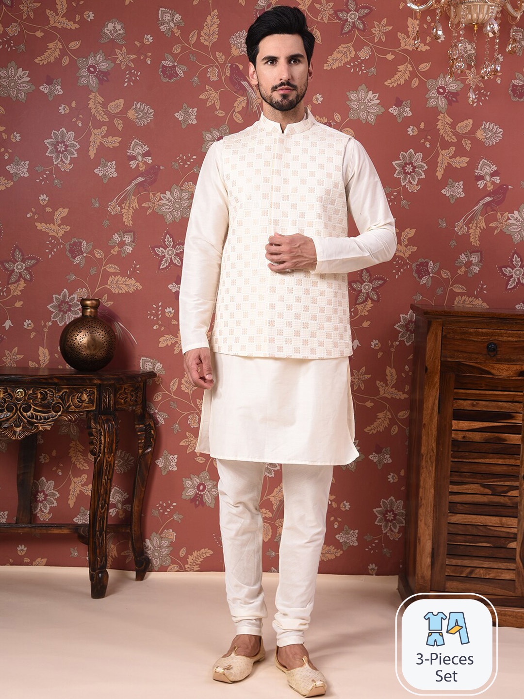 

House of Pataudi Straight Kurta With Churidar & Embroidered Nehru Jacket, Off white