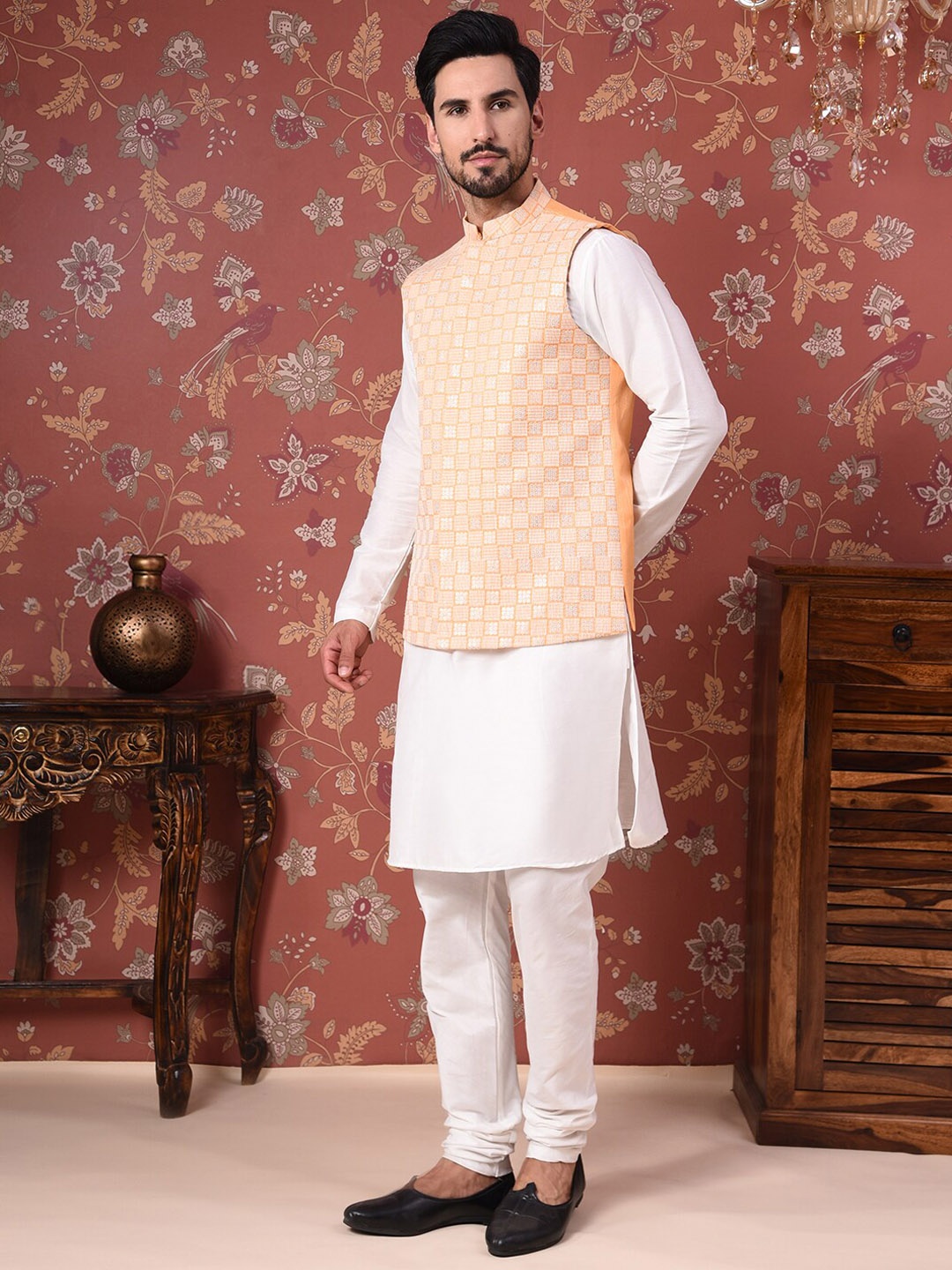 

House of Pataudi Straight Kurta With Churidar & Nehru Jacket, Orange