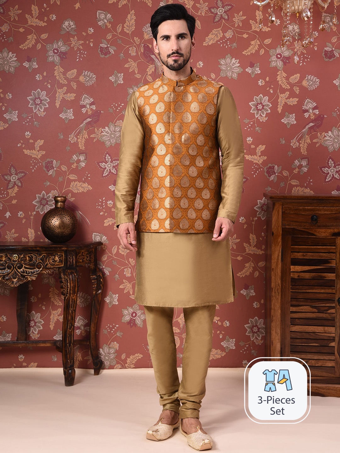 

House of Pataudi Straight Kurta With Churidar & Woven Design Nehru Jacket, Mustard
