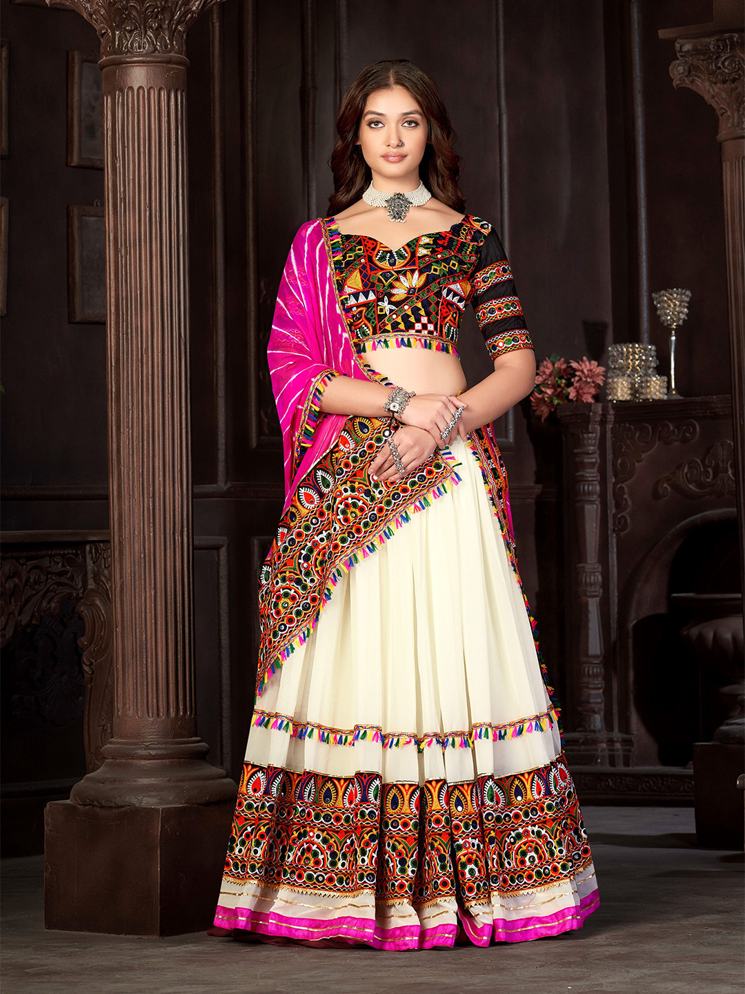 

KALINI Embroidered Semi-Stitched Lehenga & Unstitched Blouse With Dupatta, Off white