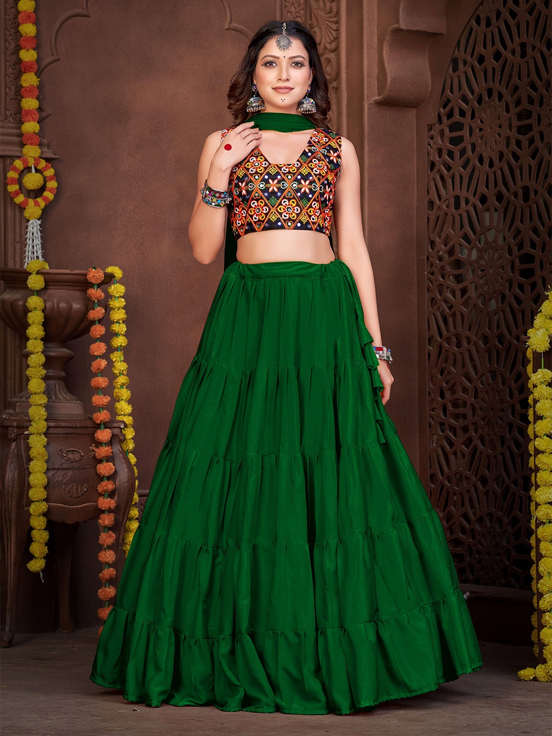 

KALINI Embroidered Thread Work Semi-Stitched Lehenga & Unstitched Blouse With Dupatta, Green