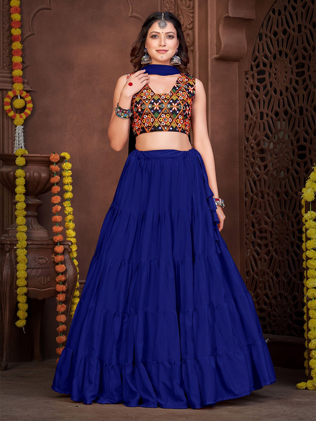 

KALINI Embroidered Mirror Work Lehenga Choli With Dupatta, Blue