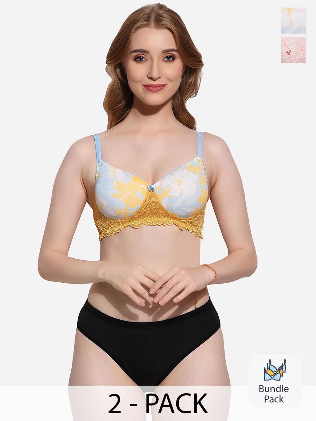 

FIMS Pack Of 2 Printed Lightly Padded Lingerie Set Set_SLK-Ae_Pink_SLK-Ah_Yellow_B, Blue