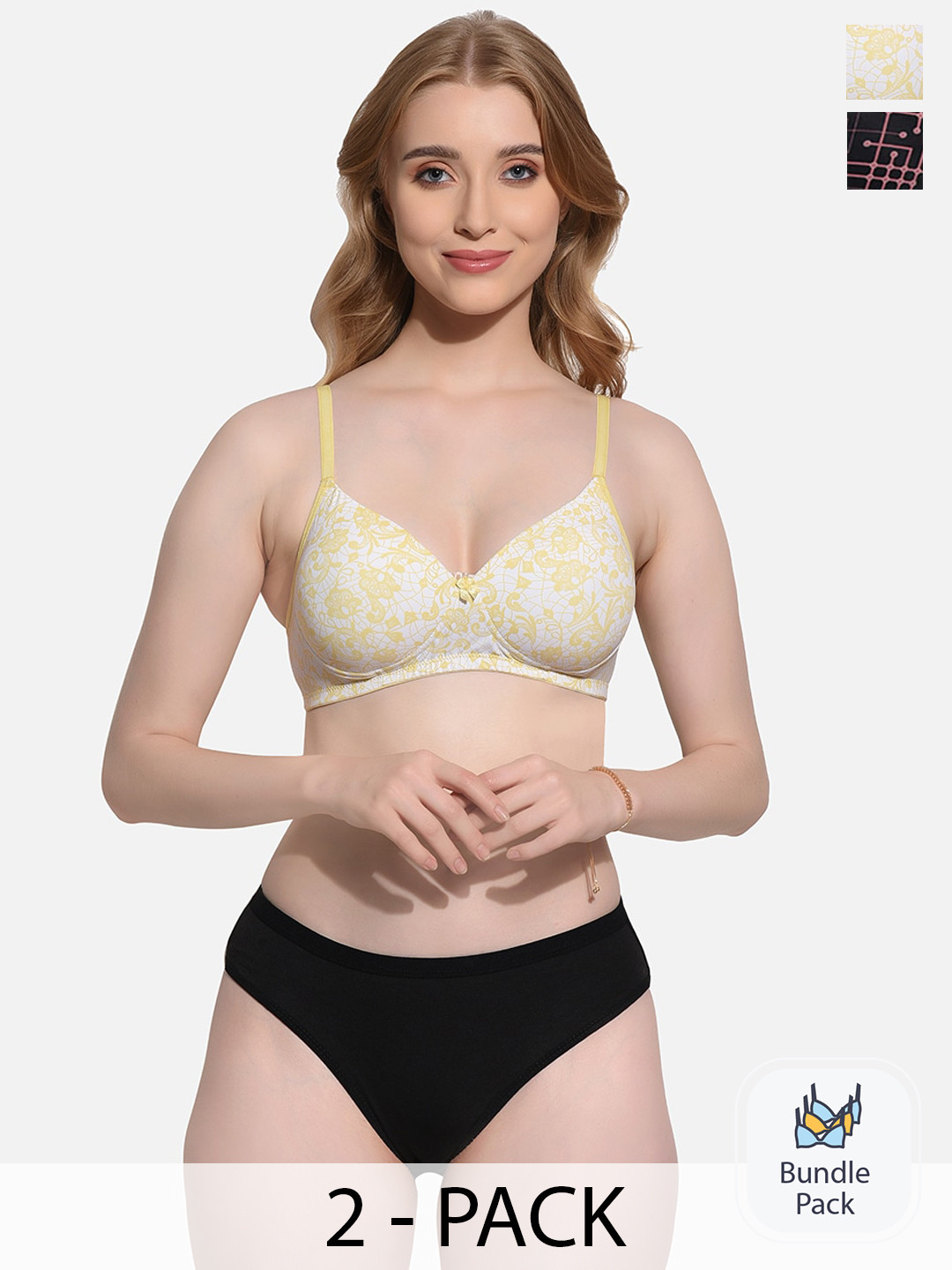 

FIMS Pack Of 2 Printed Lightly Padded Lingerie Set Set_SLK-Af_Black_SLK-Ai_Yellow_B