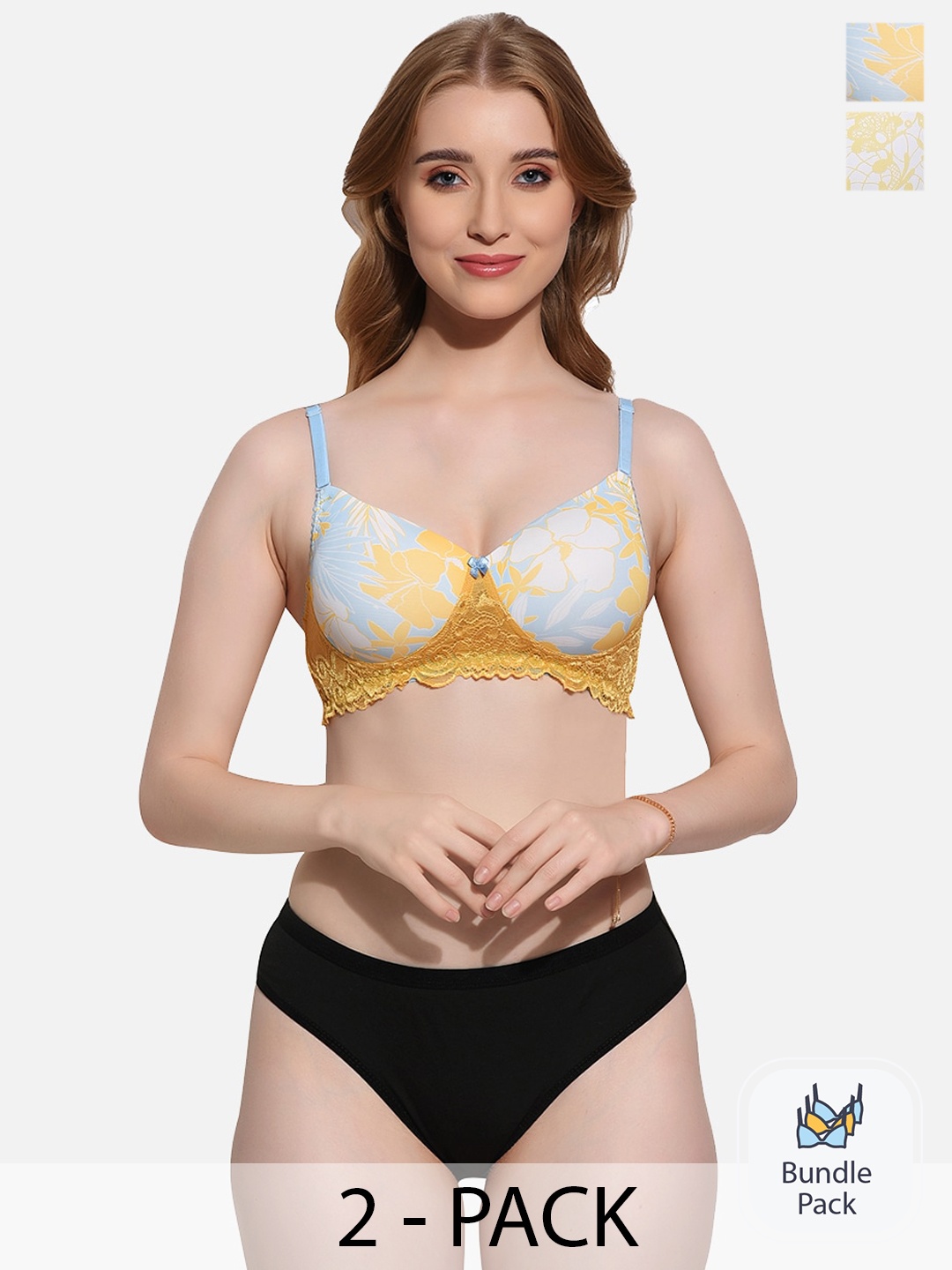 

FIMS Pack Of 2 Self Designed Padded Lingerie Set, Yellow