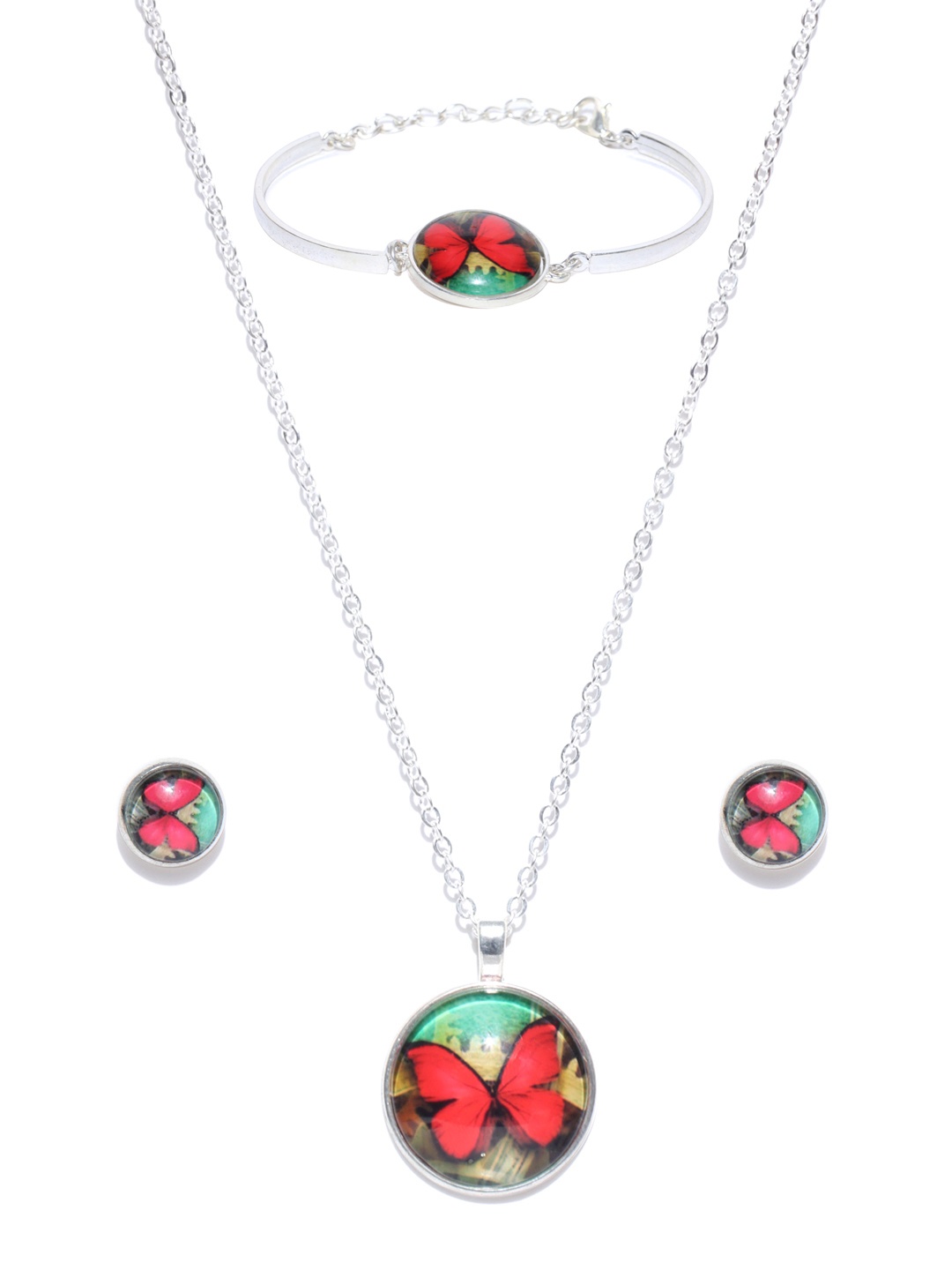 

Crunchy Fashion Silver-Toned & Red 3D Print Jewellery Set