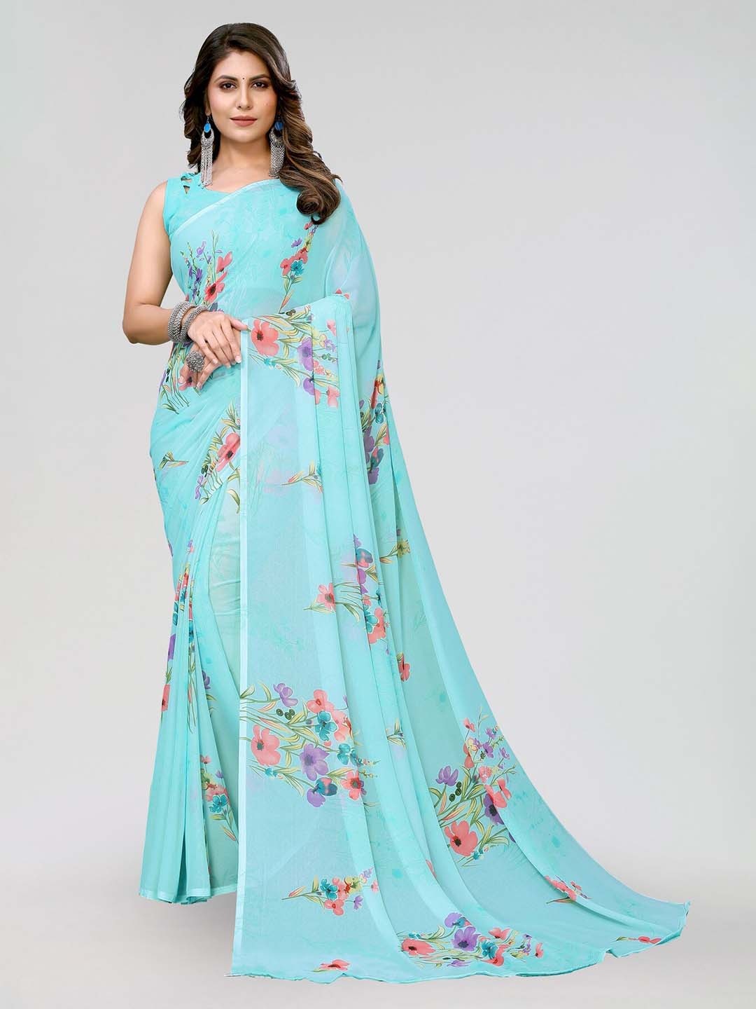 

KALINI Floral Printed Georgette Leheriya Saree, Blue