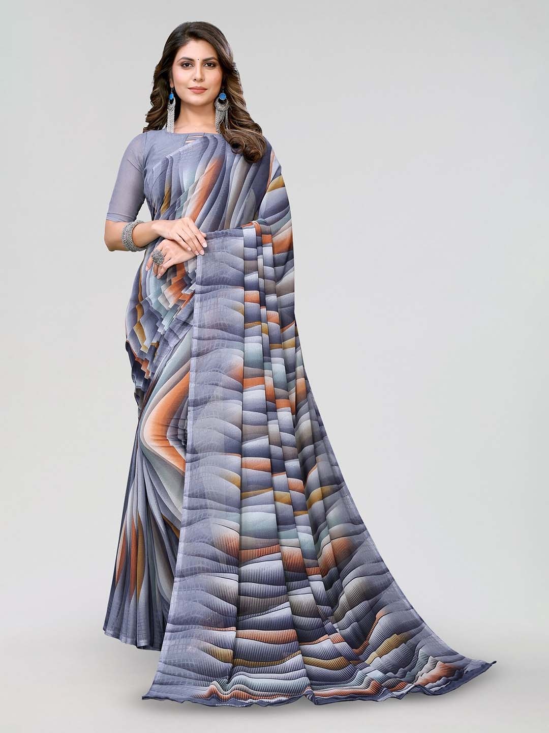 

KALINI Abstract Printed Leheriya Georgette Saree, Grey