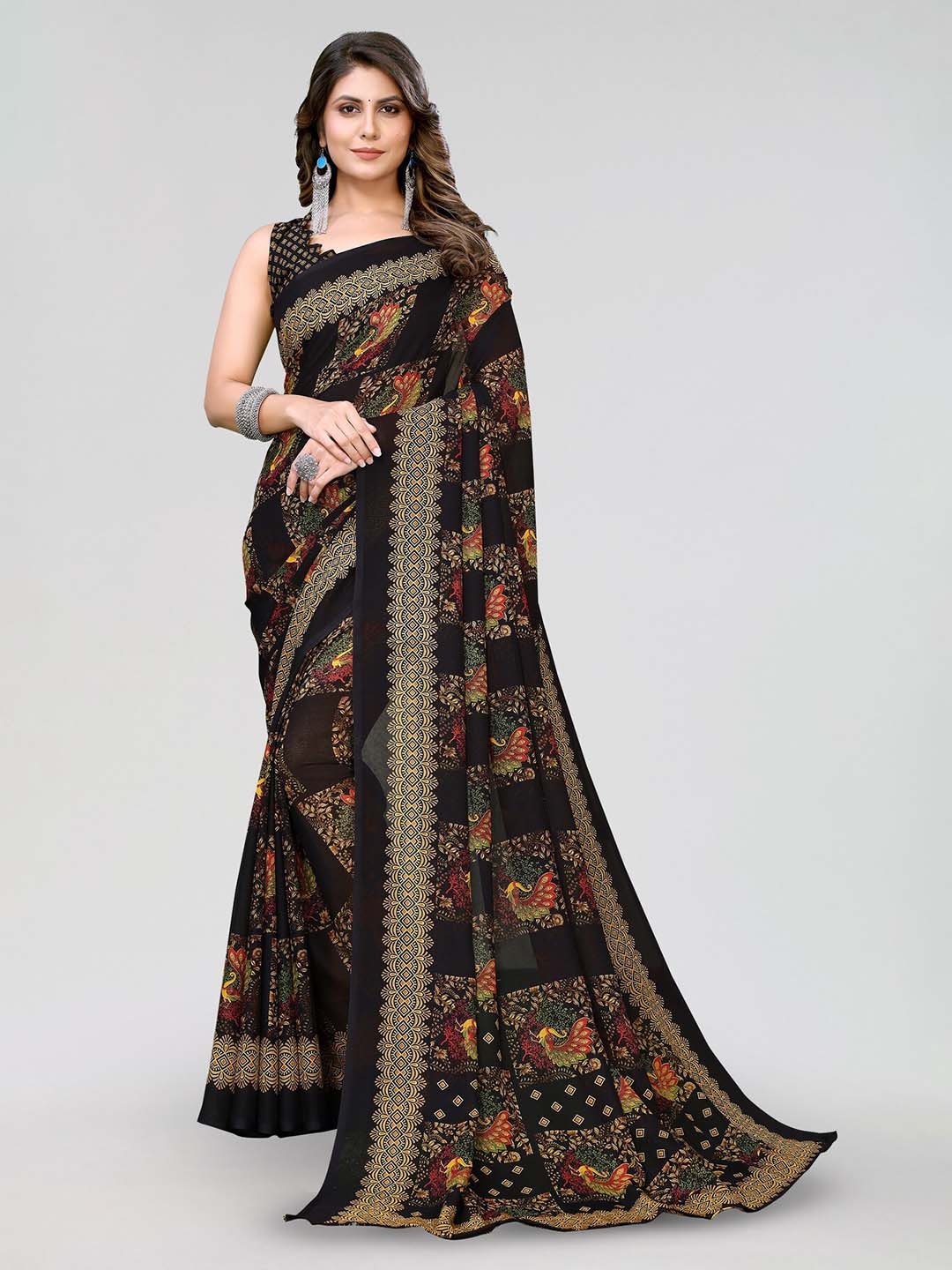 

KALINI Ethnic Motifs Printed Leheriya Georgette Saree, Black