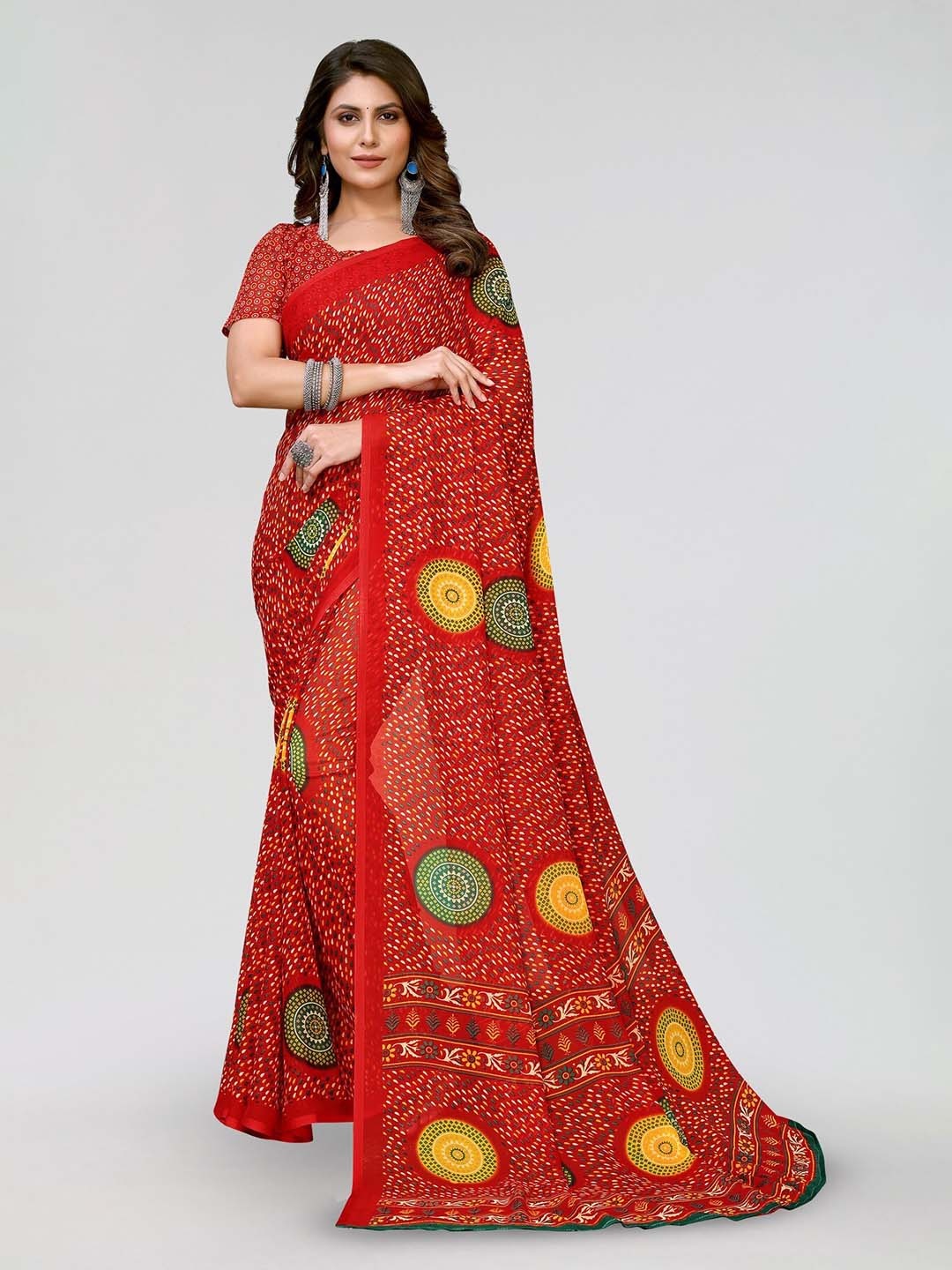 

KALINI Geometric Printed Leheriya Georgette Saree, Red