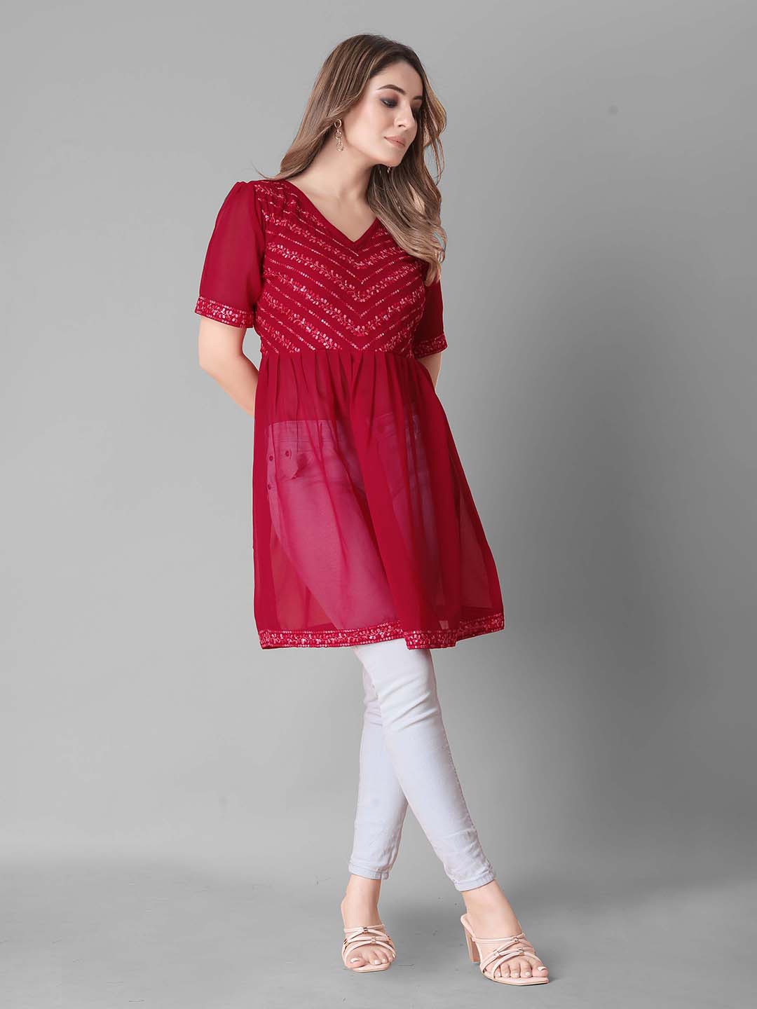 

PRASTHAN Geometric Embroidery Sequined Work Georgette Longline Top, Red